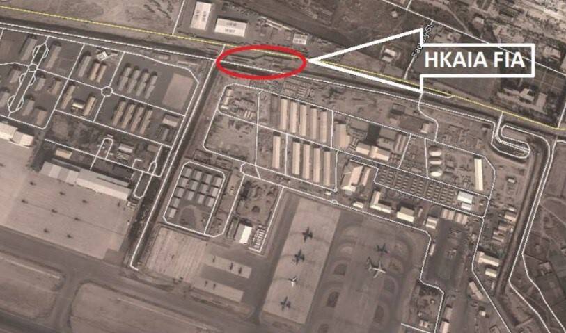 Kabuli rahvusvahelise lennujaama kütuselogistika ala 1000 kg TNT ekvivalendis lõhkeaine detoneerimisel tekkiva lööklaine surve simulatsiooni graafik, mis oli aluseks kaitserajatisete kavandamisel