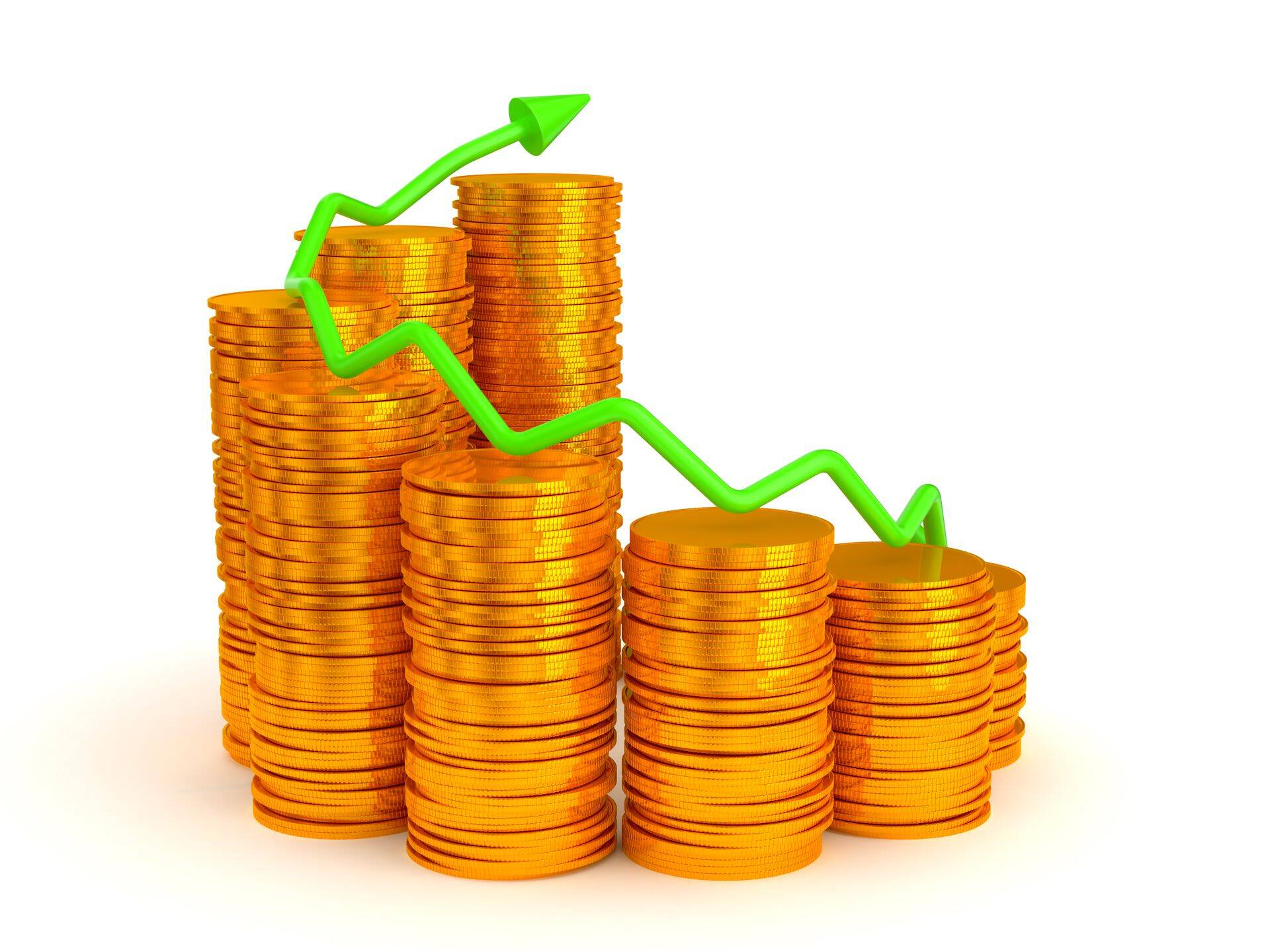 Growth: green graph over golden coins stacks
