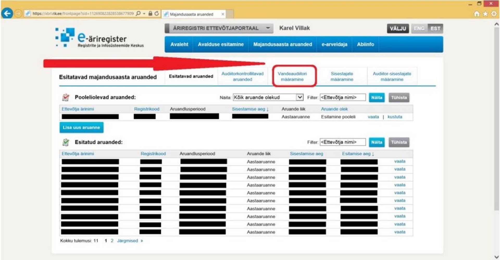 Audiitori valimine ettevõtjaportaalis