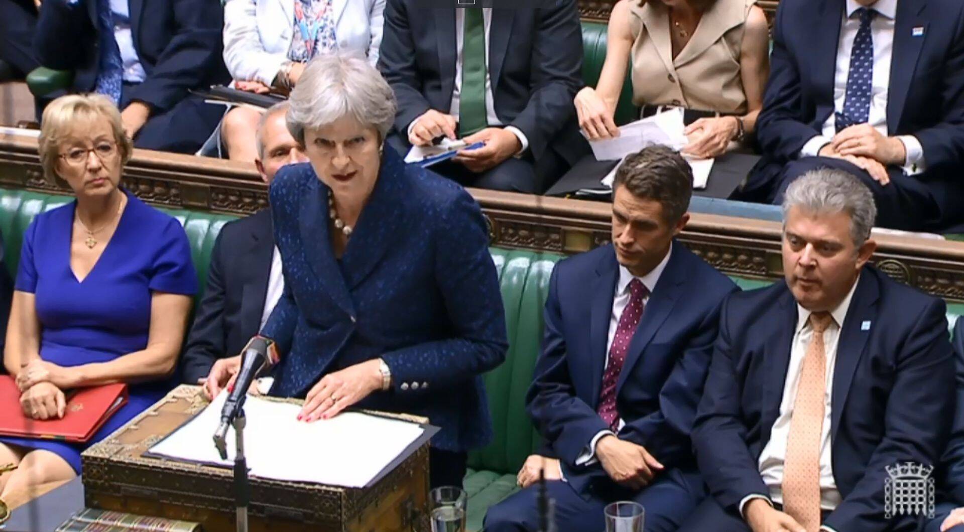 Suurbritannia peaminister Theresa May Briti alamkojale esinemas