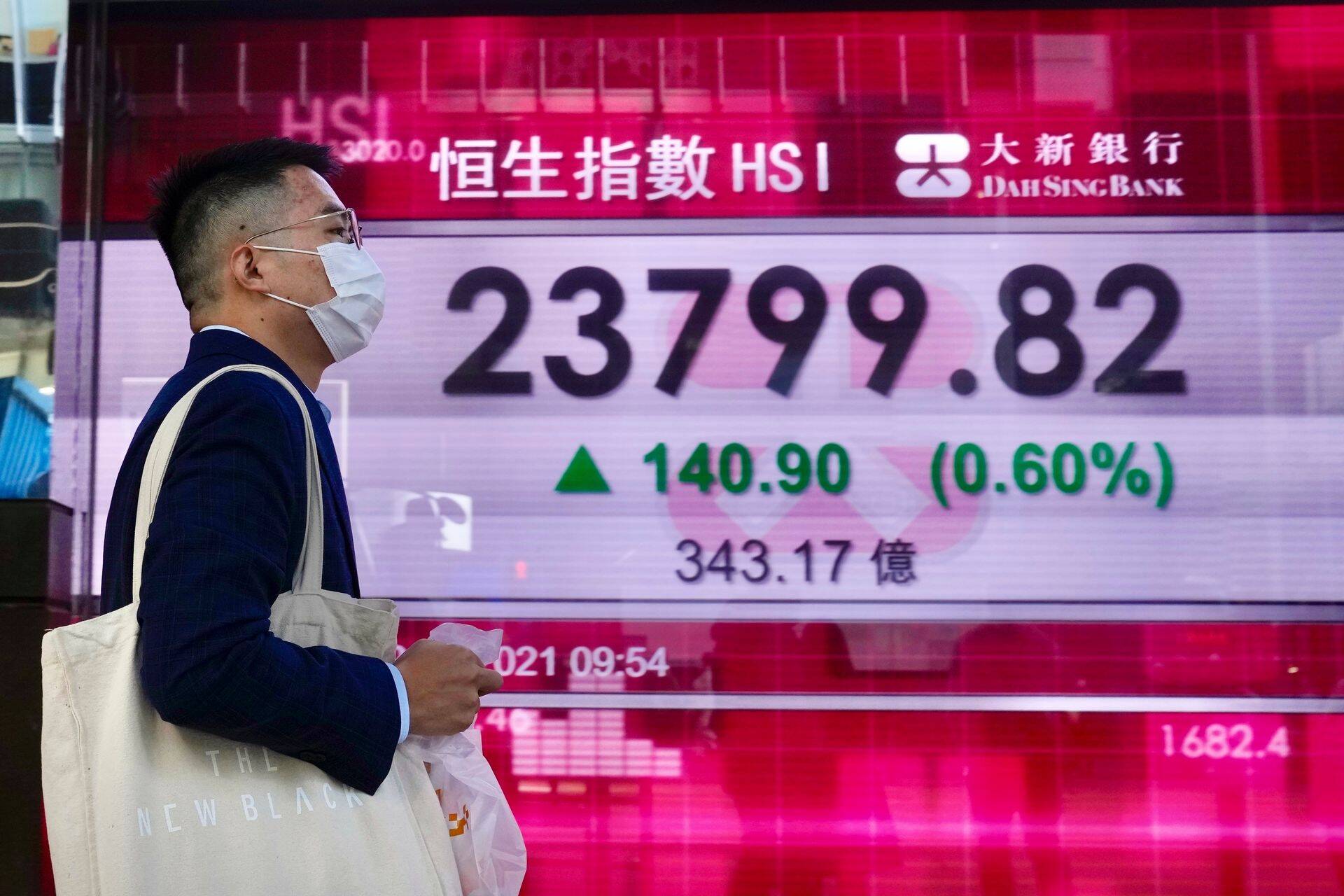Honkongas Hang Seng akciju tirgus indeksa bilde ekrānā.