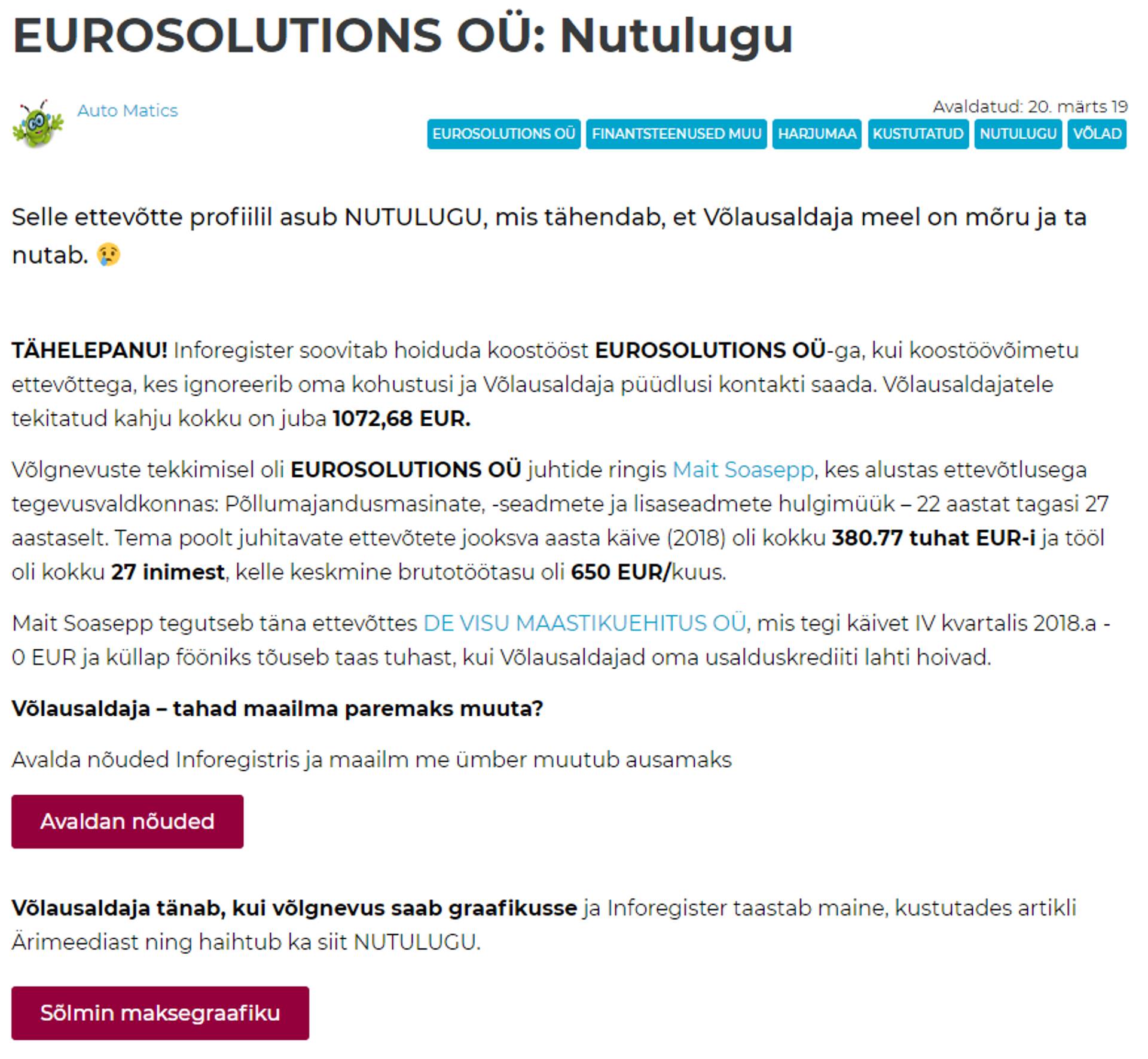 Eurosolutionsi kohta automaatselt genereeritud artikkel
