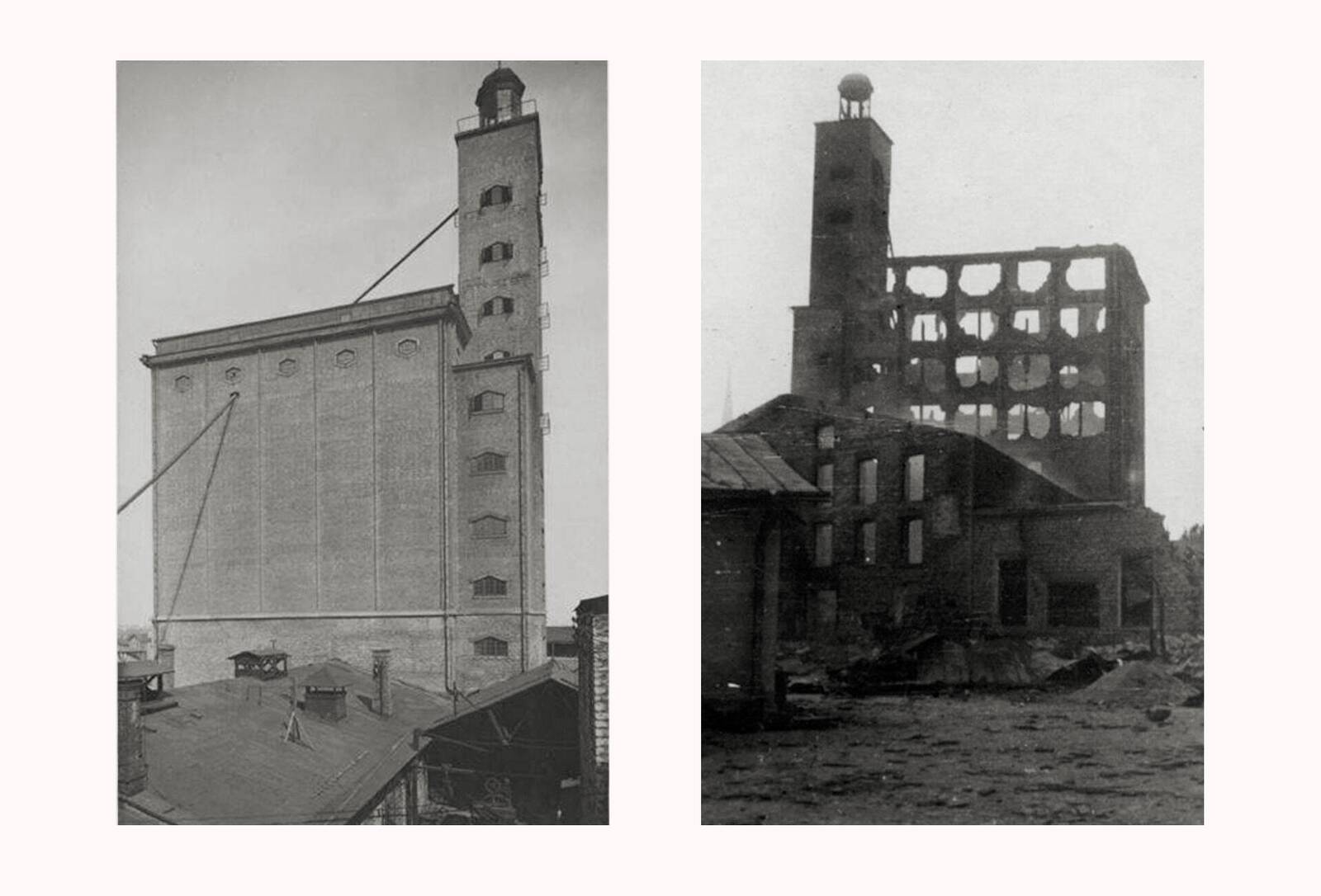 Элеватор при мельнице Пухков в Каламая до и после поджога 1941 года.