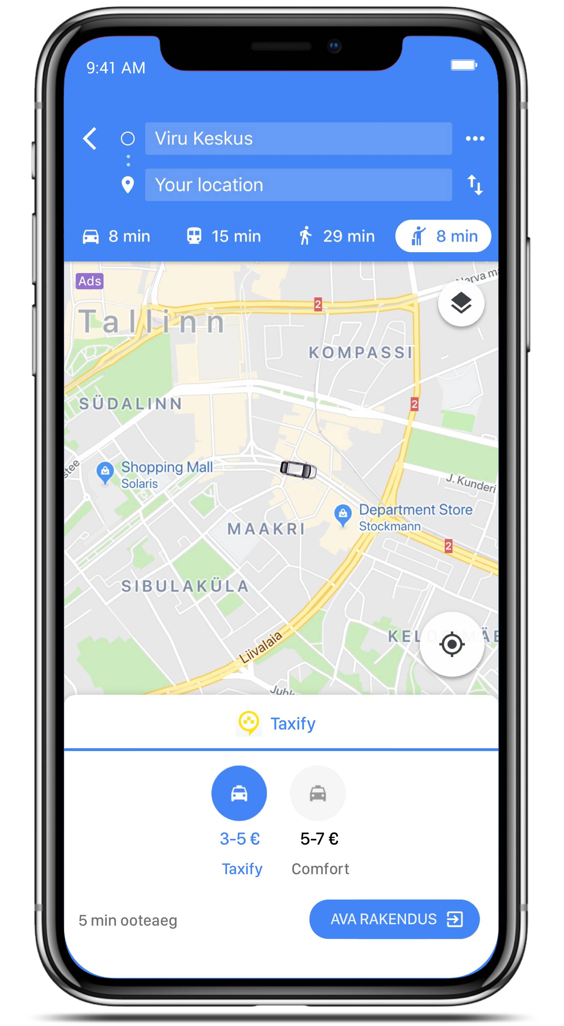 Takso tellimiseks tuleb esmalt avada Google Maps.