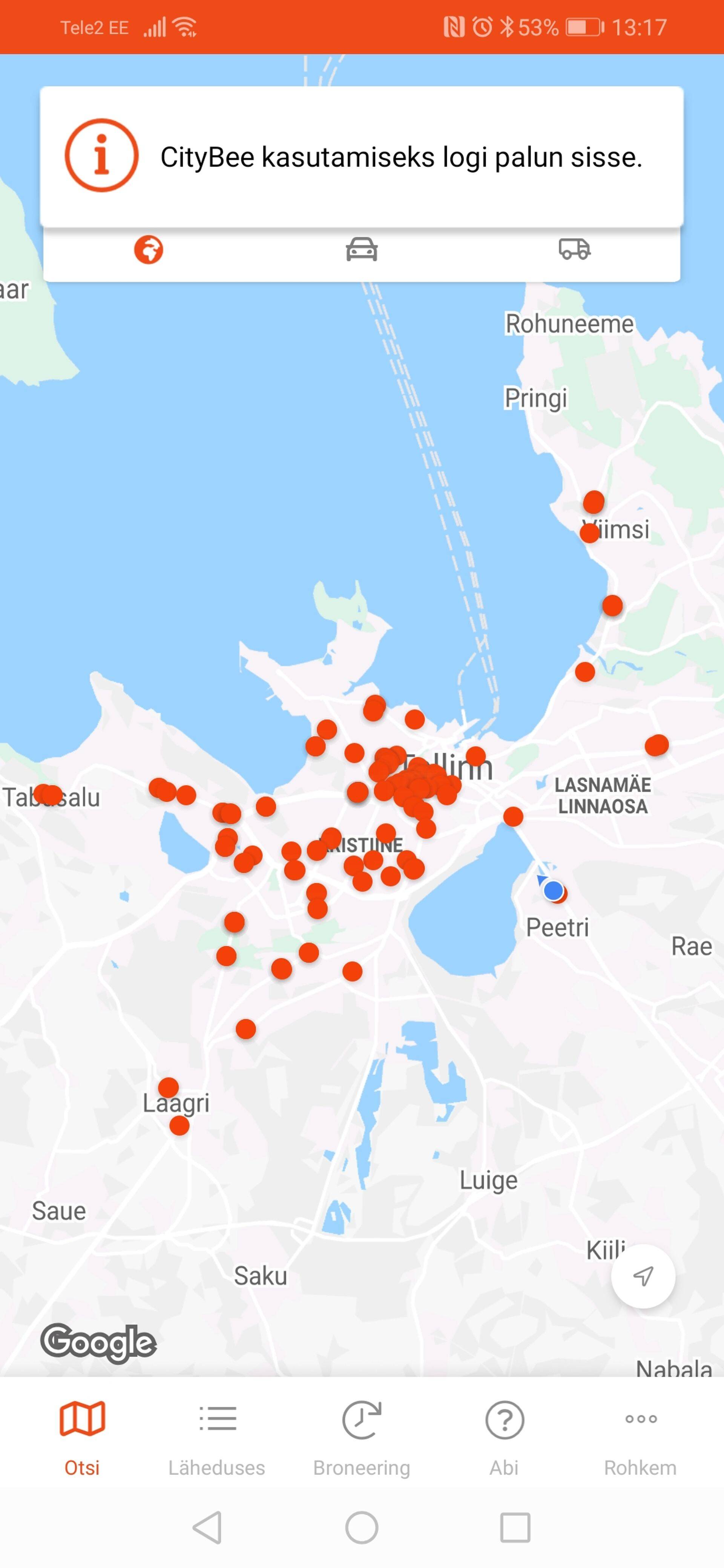 CityBee autode paiknemine avapäeva pärastlõunal.