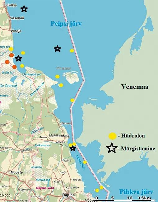Hüdrofonide paiknemine Lämmijärves ja Peipsi järve lõunaosas ning Emajõe deltas. Viisnurkadega on tähistatud märgistamiste asukohad.