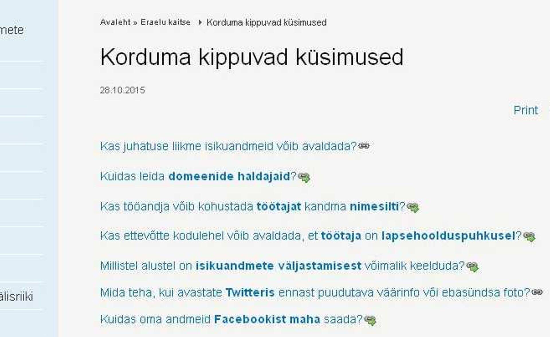 Andmekaitse inspektsiooni küsimuste-vastuste rubriik.