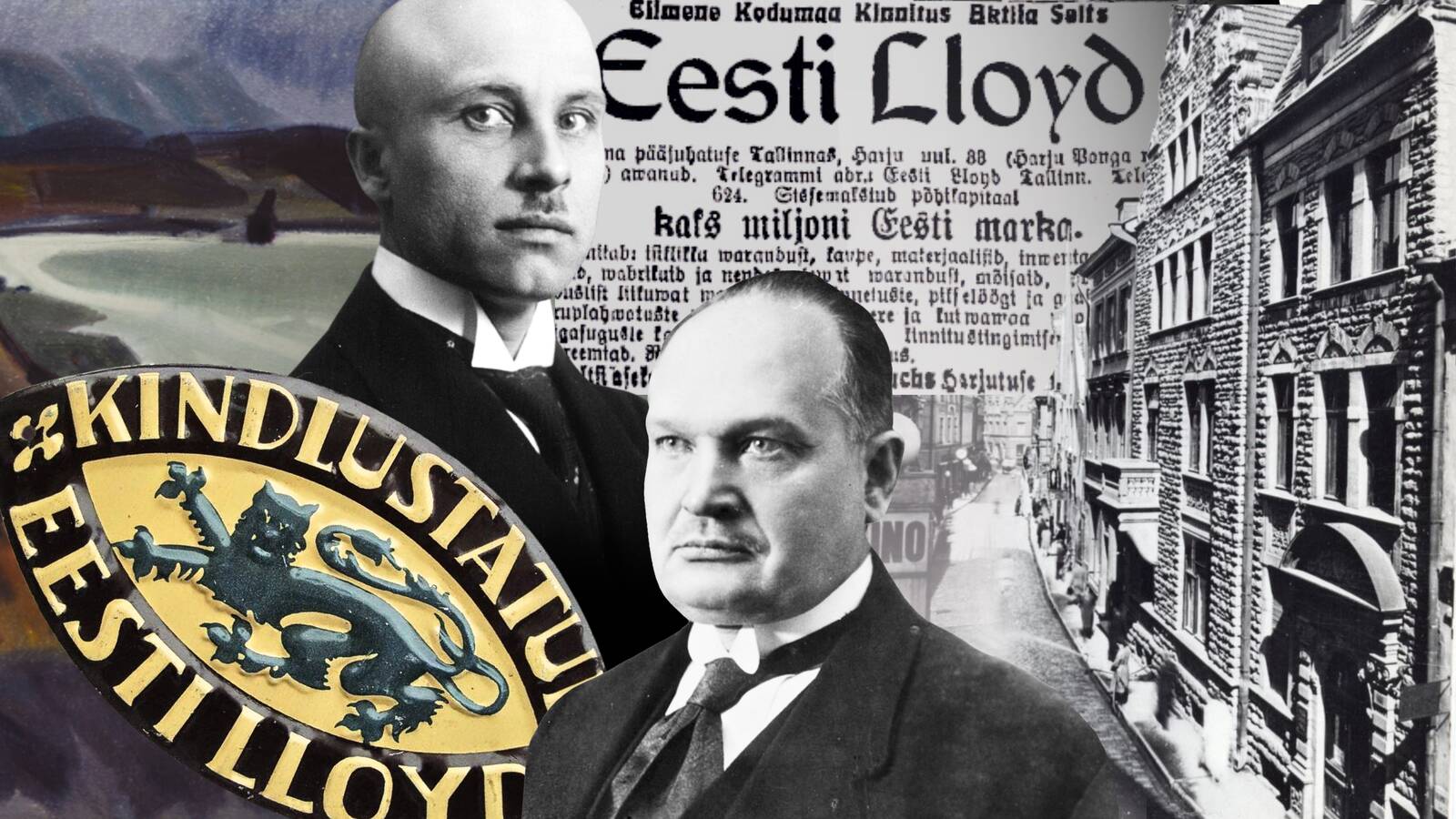 Kollaaži keskmes on Eesti Lloydi asutajad Konstantin Päts ja Georg Vestel, poliitik ja finantsist, Eesti Panga esimene direktor ning rahandusminister Pätsi valitsuses.