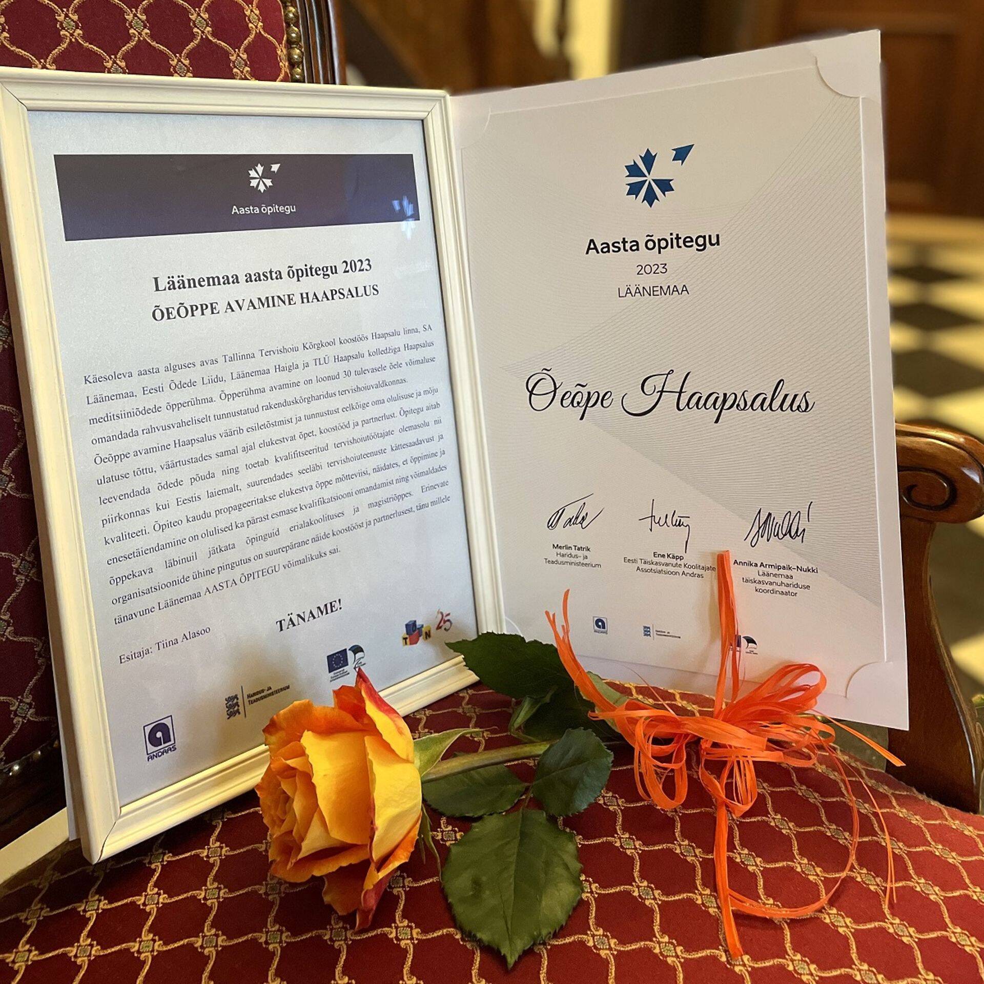 Õeõppe avamine Haapsalus pälvis Läänemaa 2023. aasta õpiteo tunnustuse .