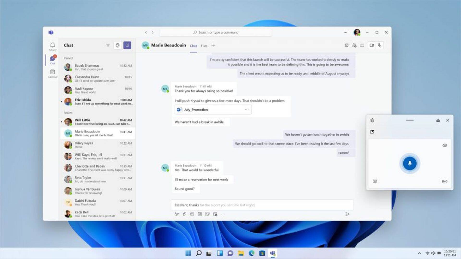 Windows 11 näidismaterjal. Visuaalselt suurim muutus on seotud stardimenüüga, mis paikneb nüüdsest keskel.