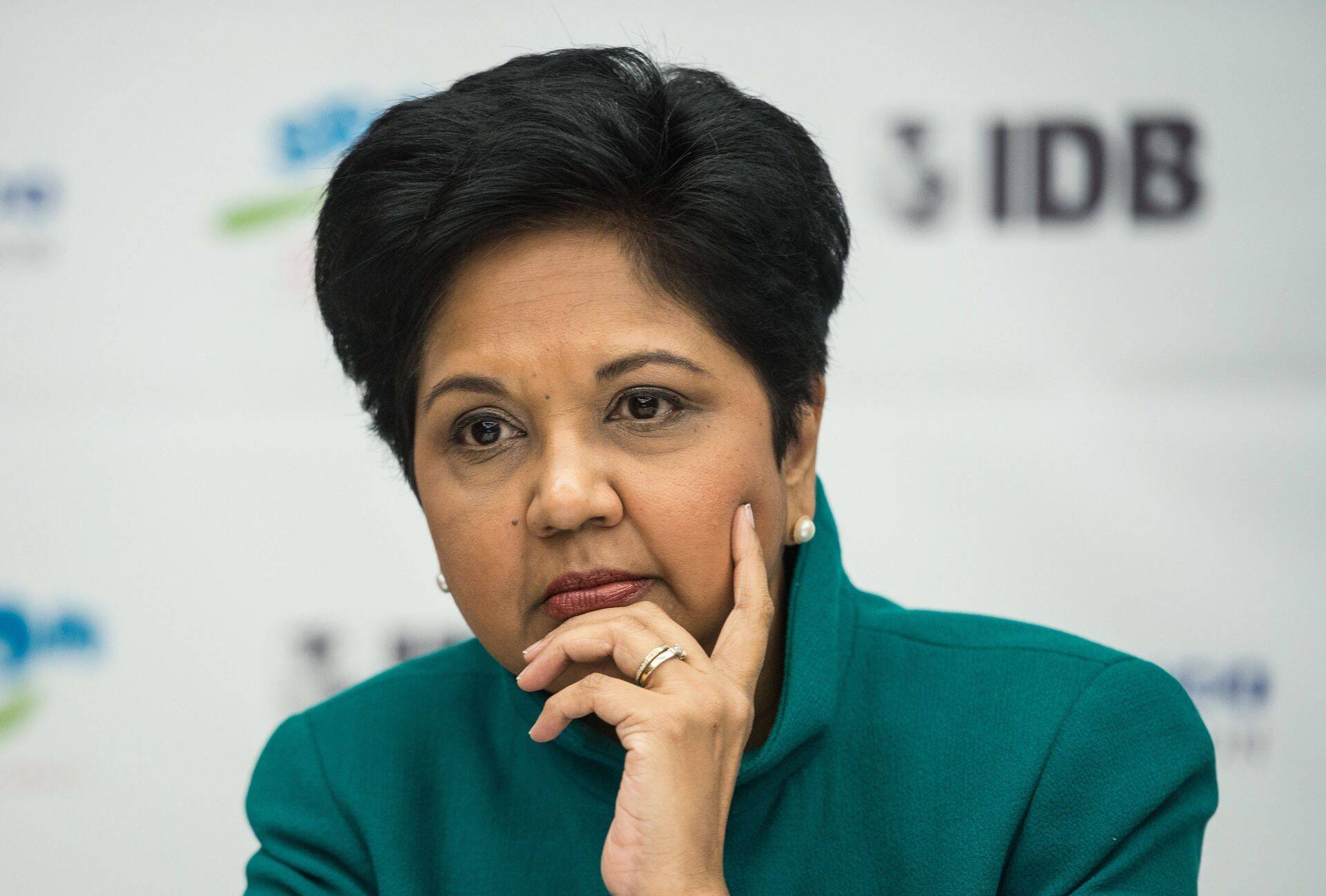 (FILES): In this file photo taken on October 15, 2014, Pepsico CEO Indra Nooyi takes a question during the announcement of a partnership with the Inter-American Development Bank (IDB) on a nutrition project in four countries, Colombia, Guatemala, Mexico and Peru in Washington, DC. Pepsico announced Monday, August 6, 2018, that Indra Nooyi is stepping down as chief executive after 12 years at the helm of the US soft drinks and snacks giant. She will be replaced by President Ramon Laguarta on October 3, but will remain as chairman of the board until early 2019 to oversee the transition. / AFP PHOTO / Nicholas KAMM