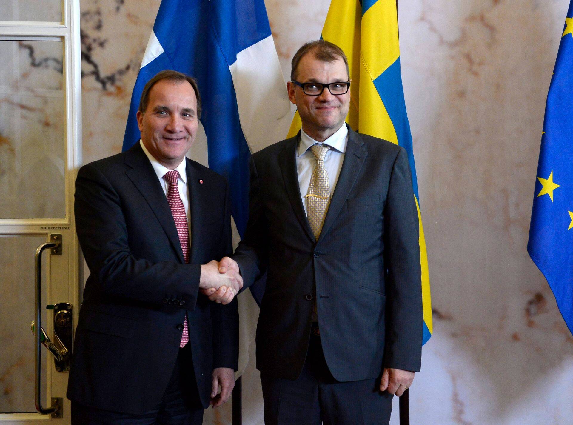 Rootsi peaminister Stefan Löfven (vasakul) ja Soome peaminister Juha Sipilä esimene kohtumine pärast Sipilä ametisse astumist.