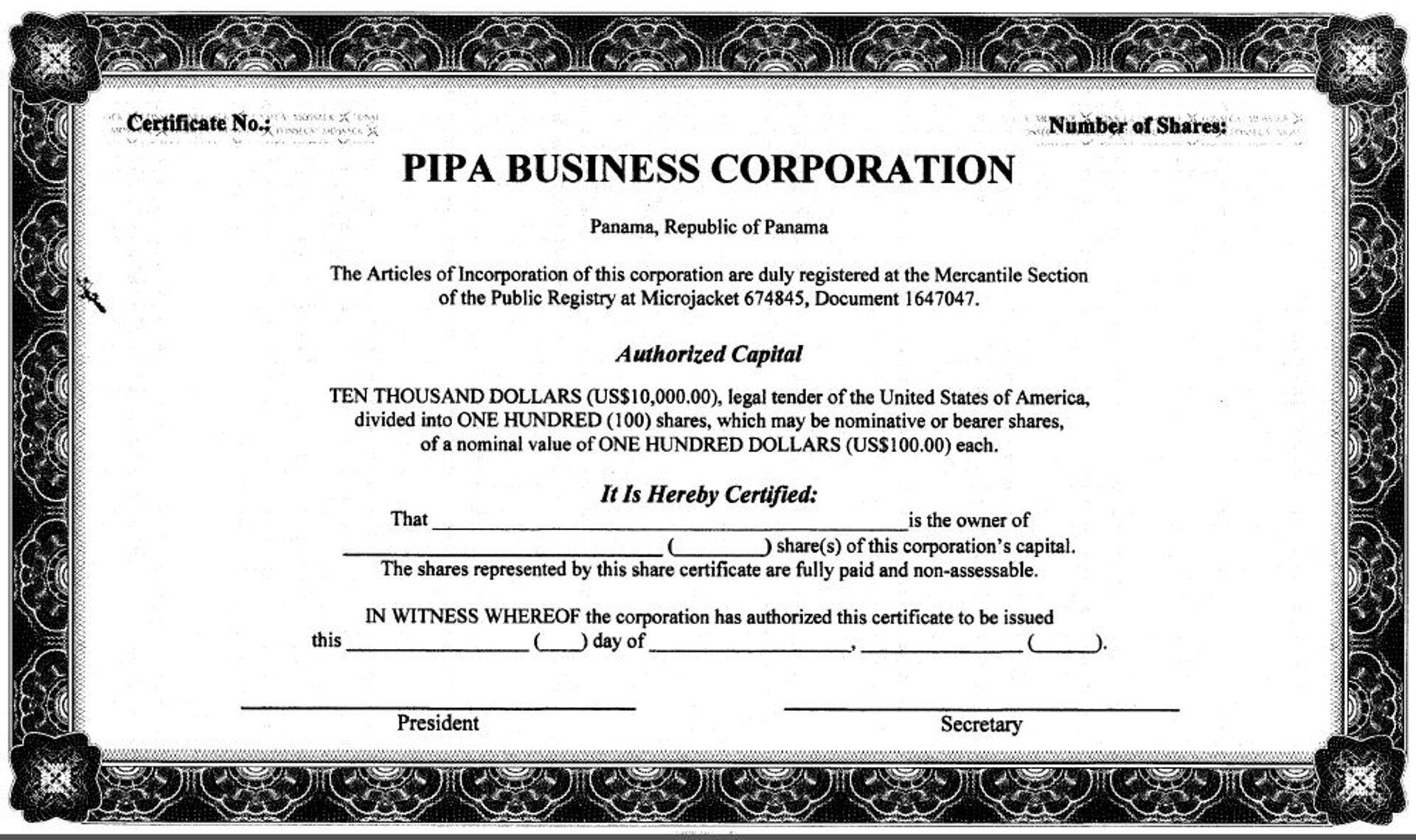 Aktsionäri sertifikaat, mis on aga täitmata.