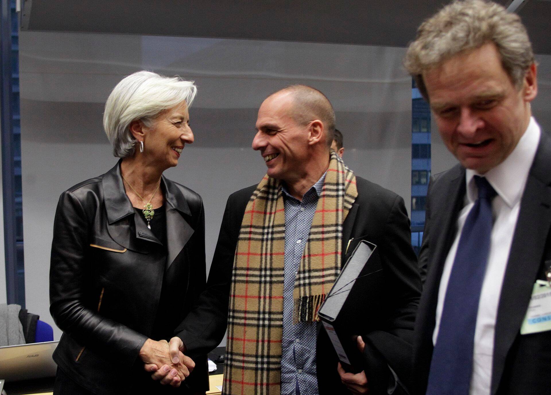 IMFi juht Christine Lagarde, Kreeka endine rahandusminister Yanis Varoufakis ja IMFi Euroopa divisjoni juht Poul Thomsen.