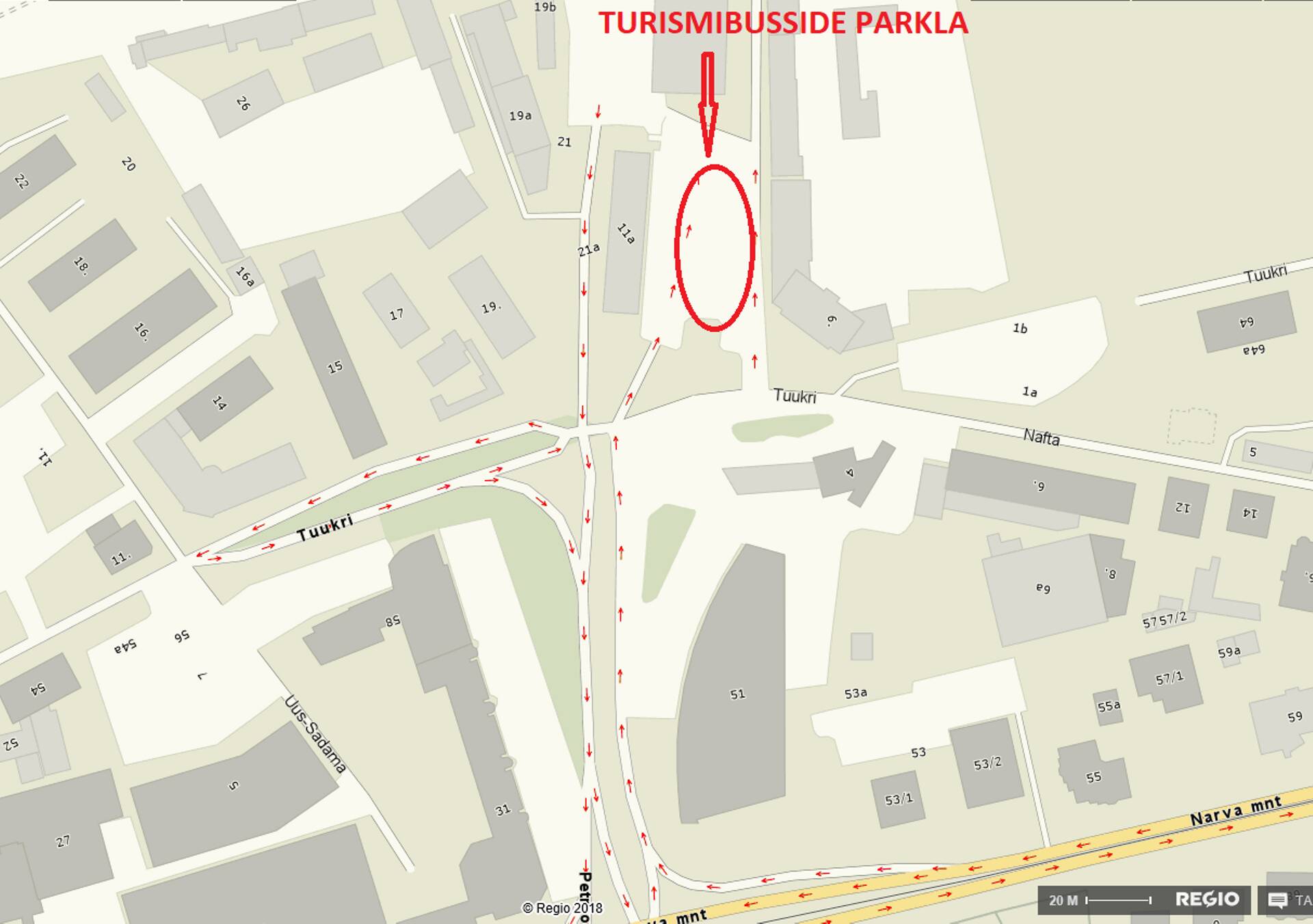 Petrooleumi tänava parkla, kuhu hakatakse busse suunama.