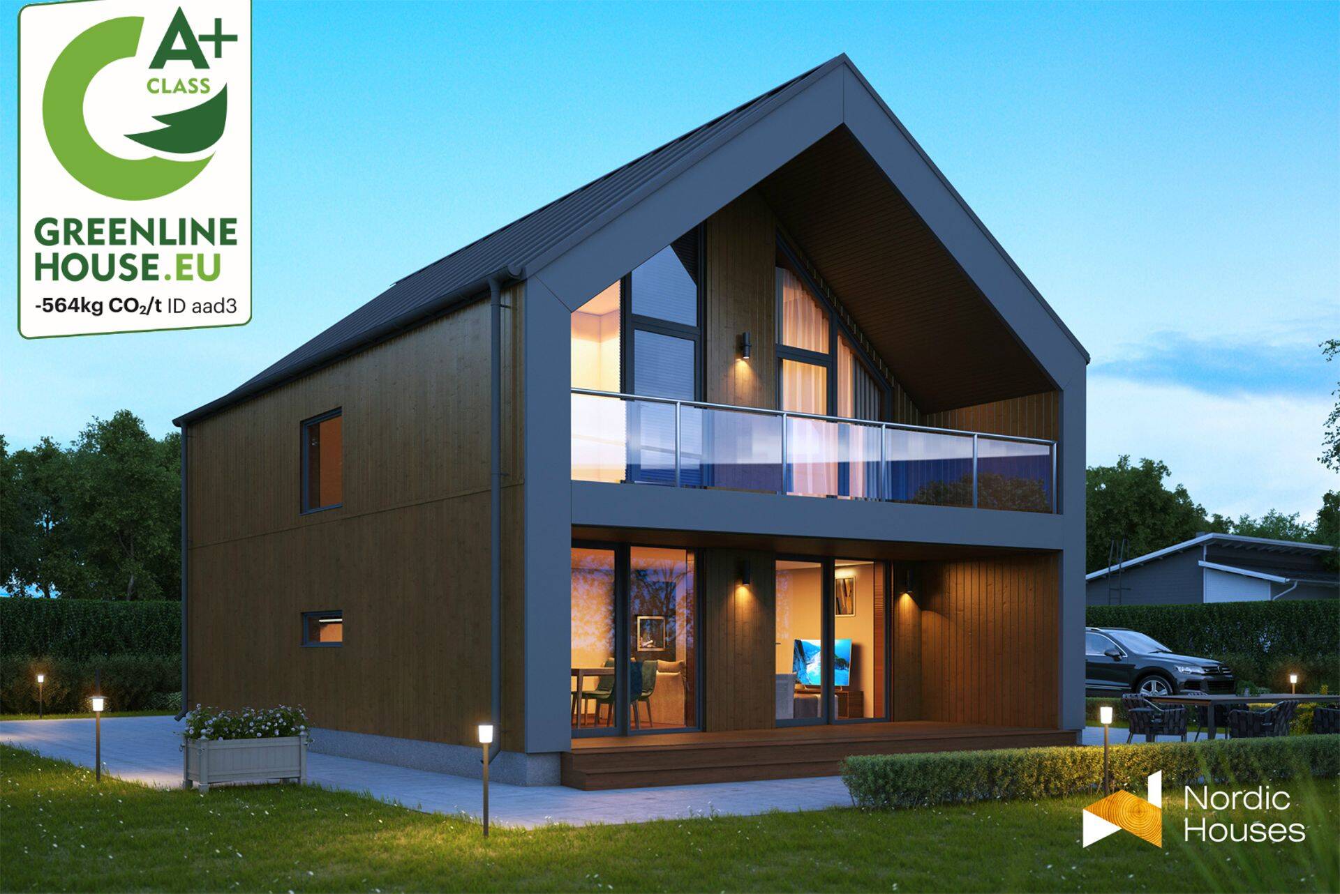 Модель дома Nordic Houses с маркировкой углеродного следа A+ Nordic Compact M