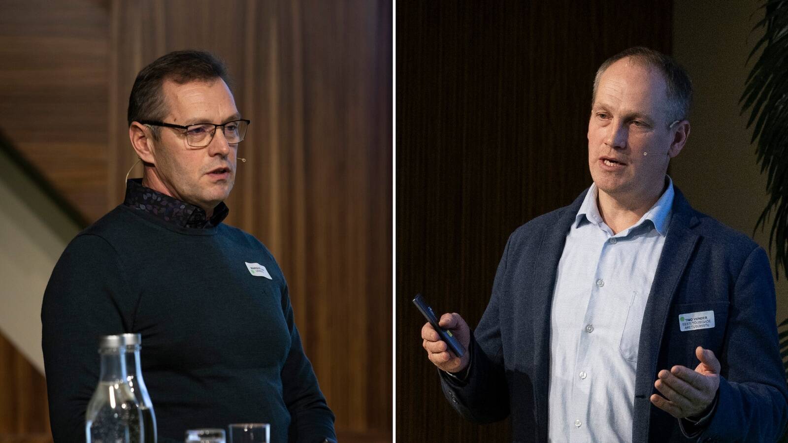 Fotol vasakul Vändra OÜ juht Margus Lepp ja paremal Kõpsta Seafarm OÜ juht Timo Vunder konverentsil “Põllumajanduse Äriplaan 2025”.