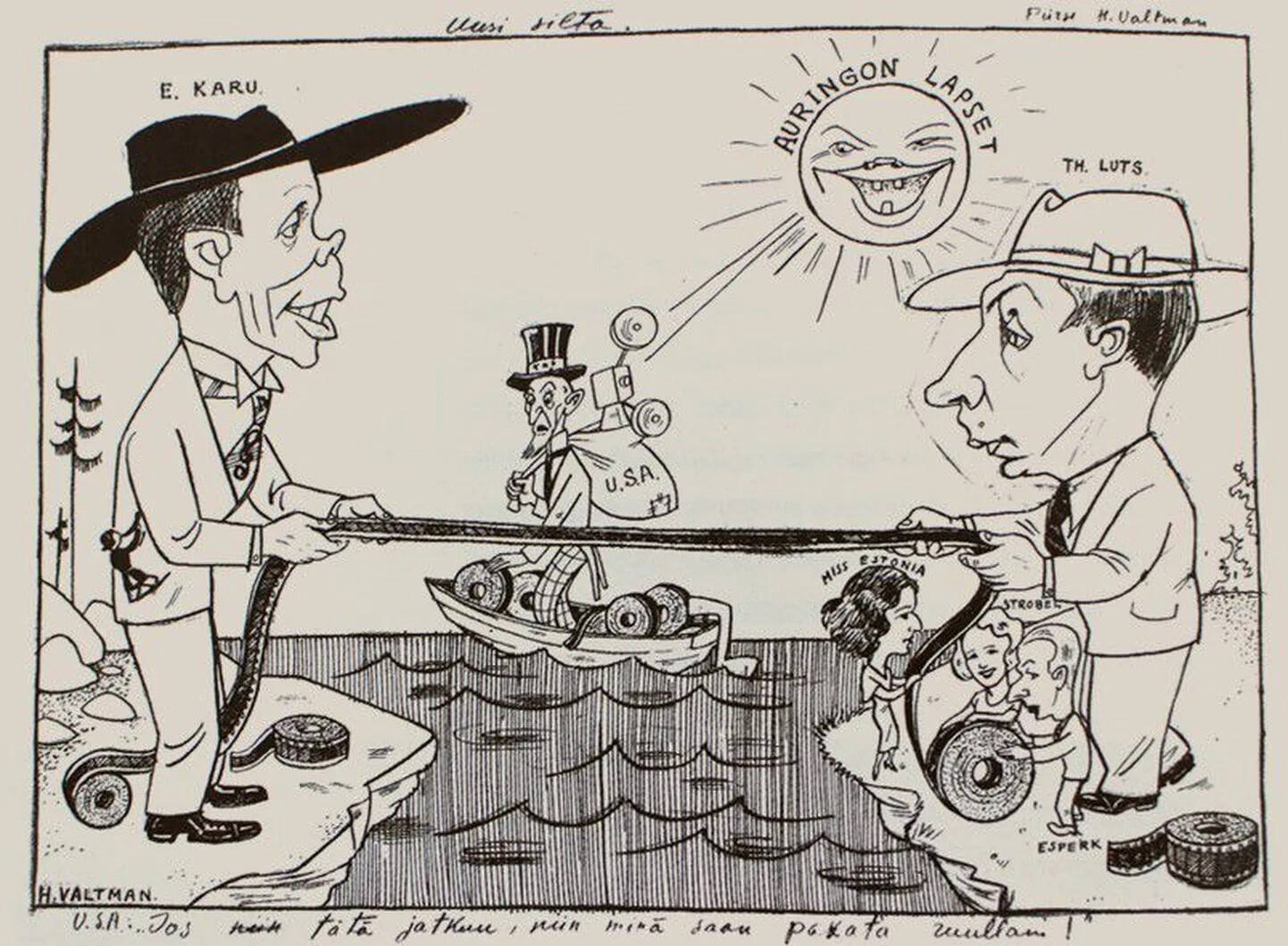 Helmut Valtmani karikatuur, mis on pühendatud Eesti-Soome koostöömängufilmile “Päikese lapsed”.