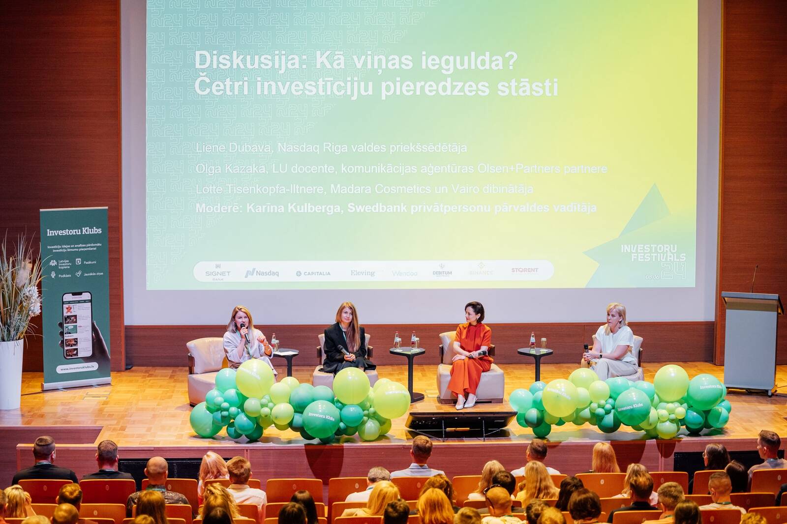 Karīna Kulberga, Swedbank privātpersonu pārvaldes vadītāja (no kreisās puses), Lotte Tisenkopfa-Iltnere, Madara Cosmetics un Vairo dibinātāja, Olga Kazaka, Olsen+Partners partnere, Liene Dubava, NASDAQ Riga valdes priekšsēdētāja