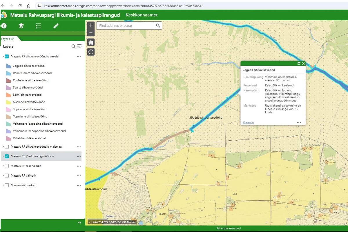 Matsalu piirkonna interaktiivne liikumis- ja kalastuspiirangute kaart.