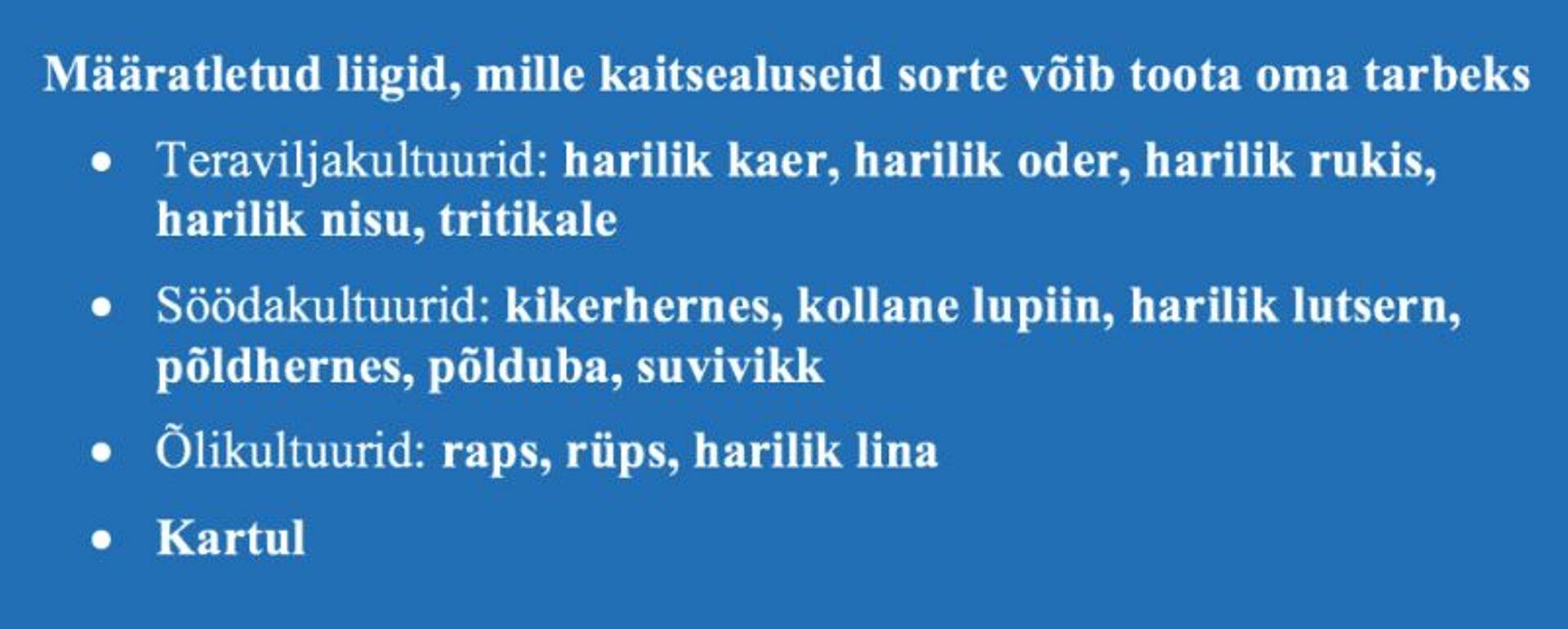Määratletud liigid, mille kaitsealuseid sorte võib toota oma tarbeks.