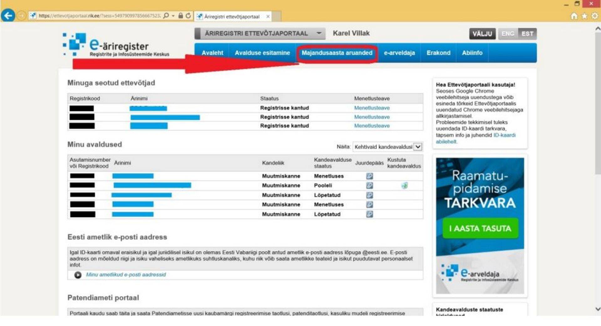 Audiitori valimine ettevõtjaportaalis