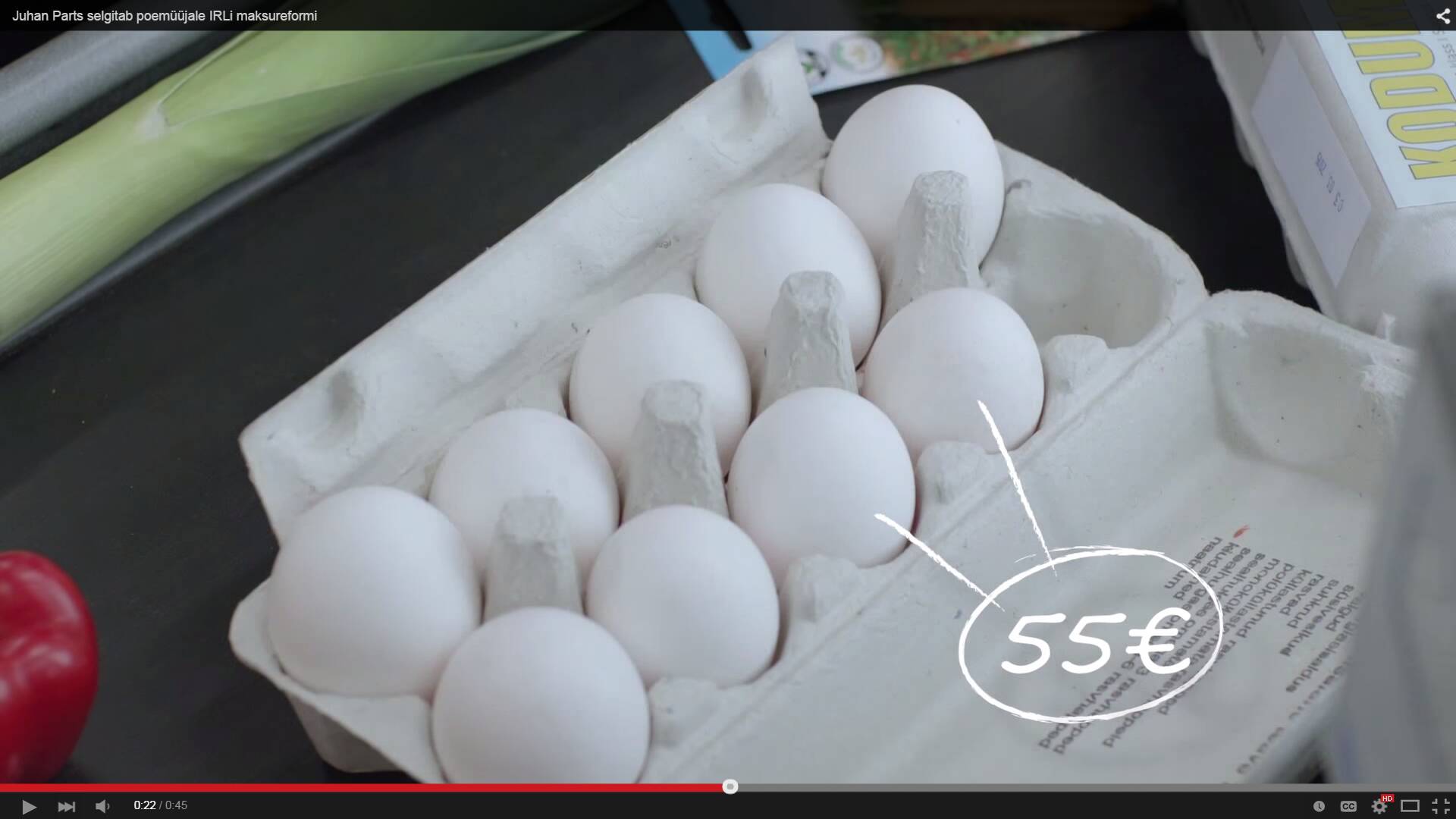 IRLi reklaam, kus Juhan Parts näitab munade peal, kuidas erakonna maksureform töötab.