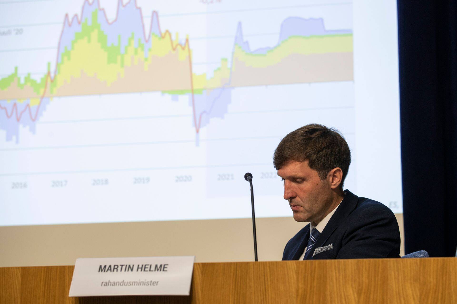 Rahandusminister Martin Helme taga seinal näitab slaid tõsiasja, et tarbijahinnad sel aastal ei kasva.