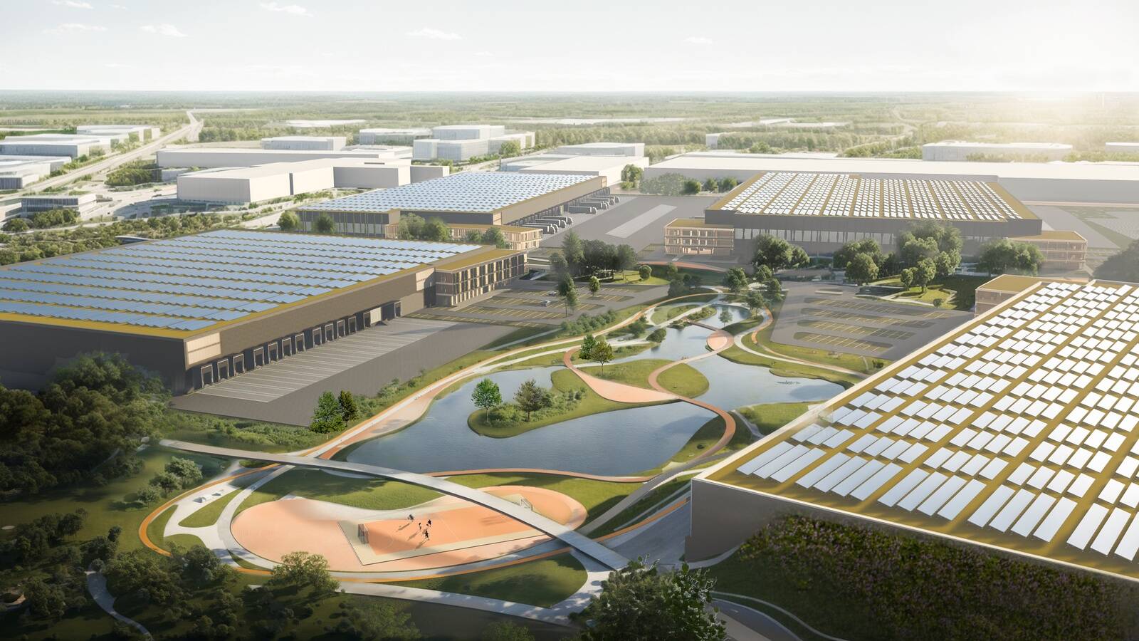 Arhitektuuribüroo DAGOpen võidutöö „ EASTWOOD“ kavandifotod annavad ülevaate, milline tuleb planeeritav logistika- ja kergetööstuskeskus East Capital Park Rae.