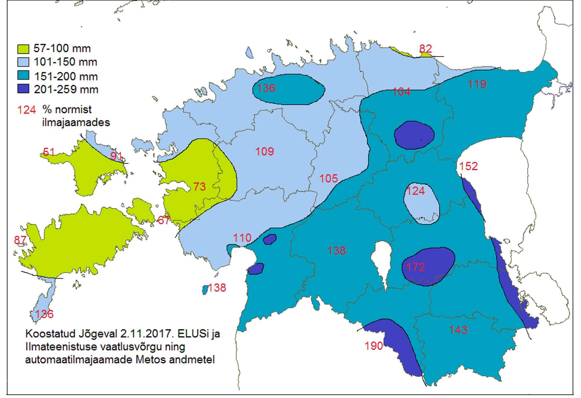 Joonis 2. Teravilja põhilisel koristusperioodi (11.08.-30.09.) sademete jaotus 2017. aastal