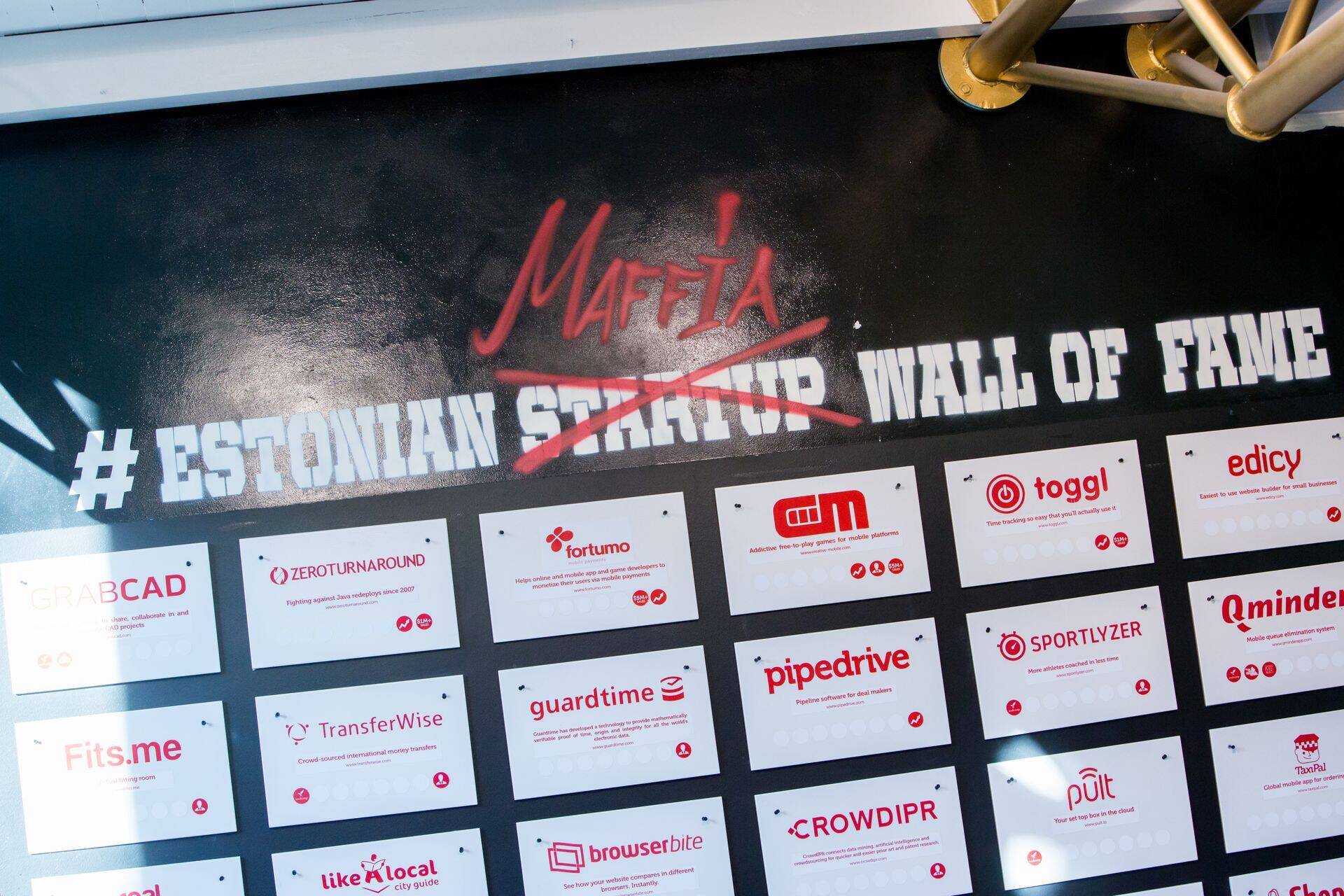 Eesti idumaffia nn kuulsuste sein Garage48 HUBis, mis on olnud koduks paljudele alustavatele idufirmadele.