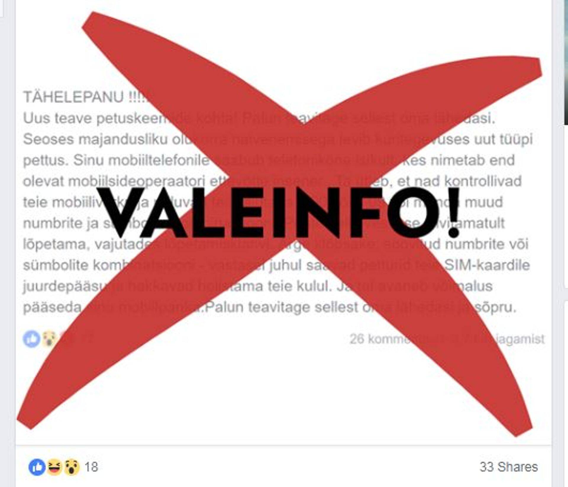 Elisa teade Facebookis levivast valeinfost.