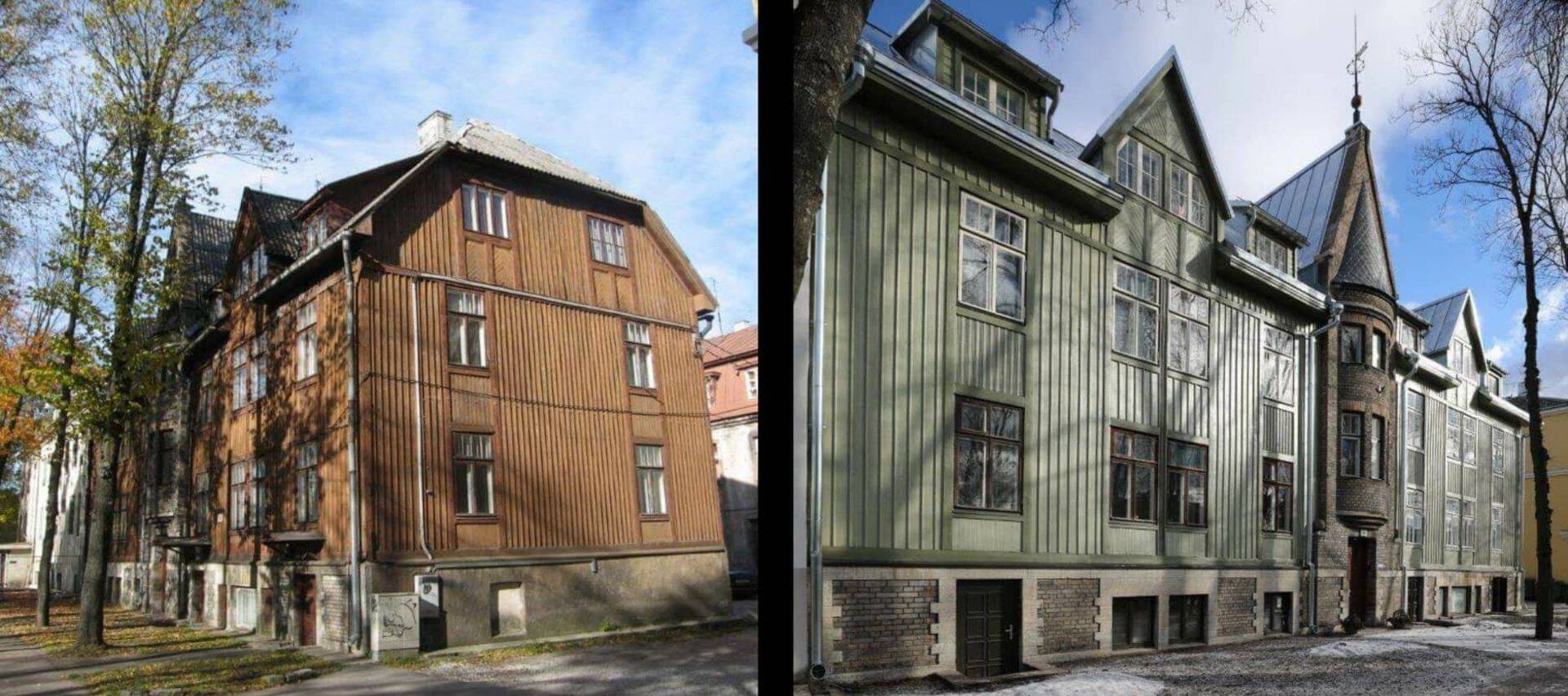 Kopli 38 kortermaja enne ja pärast restaureerimist