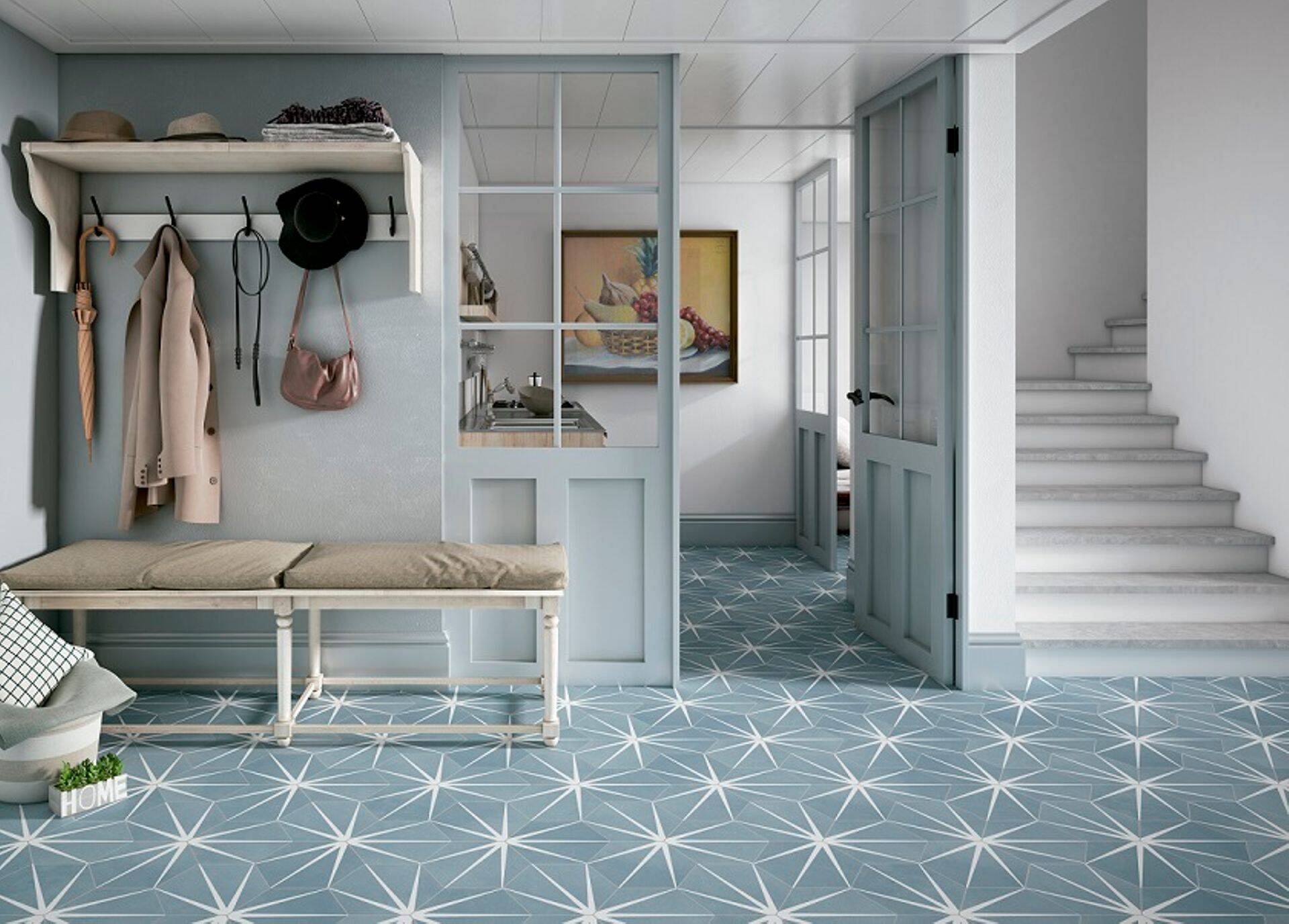 Hispaania brändi APAVISA tähemustriline ja värviline keraamiline plaat põrandal.