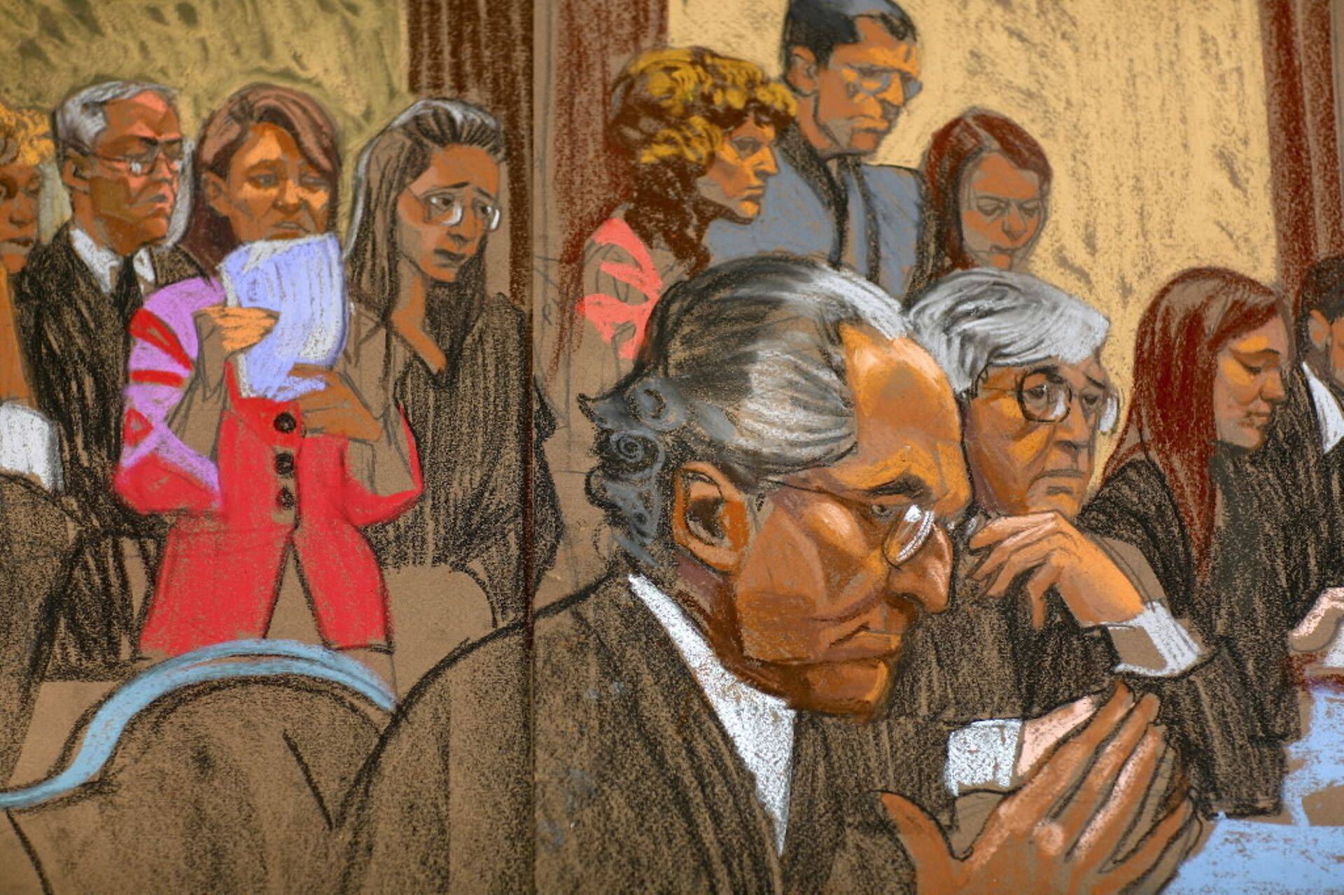 Artisti kujutus Bernard Madoffi kohtuprotsessist. Madoff on esiplaanil.