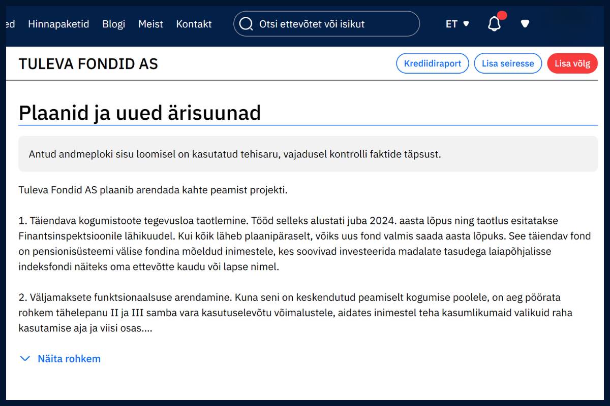 Kuvatõmmis “Plaanid ja ärisuunad”