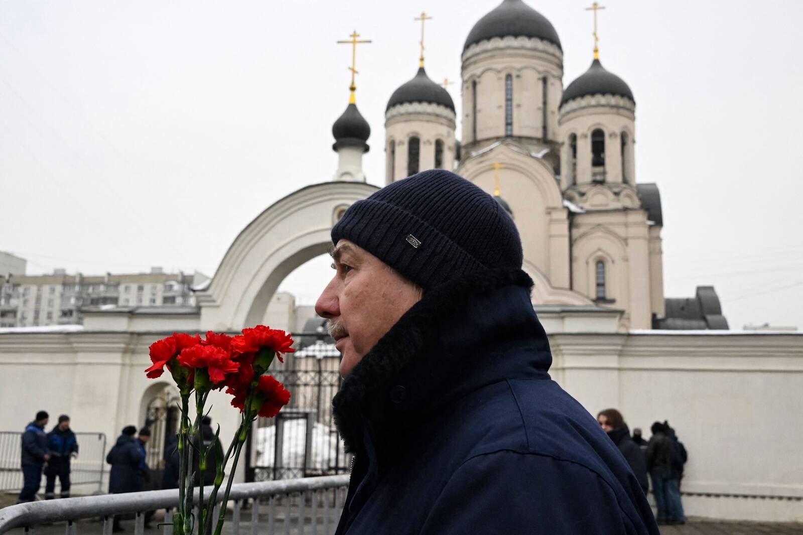 Mourners gather in front of the Mother of God Quench My Sorrows church ahead of a funeral service for late Russian opposition leader Alexei Navalny, in Moscow's district of Maryino on March 1, 2024. (Photo by Alexander NEMENOV / AFP)