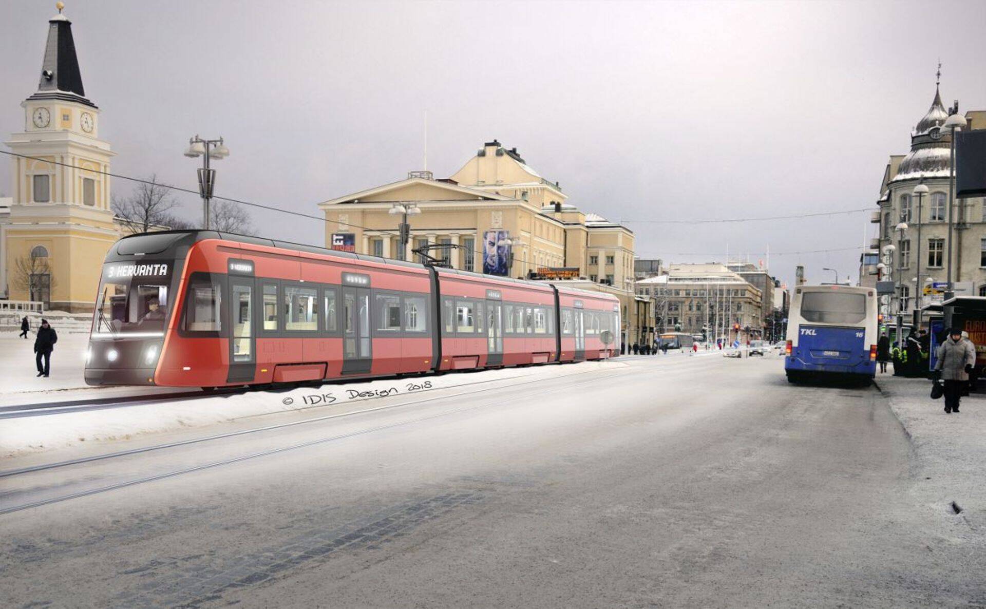 Selline näeb tulevikus välja tramm Škoda Transtechi Artic tramm Tampere linnapildis