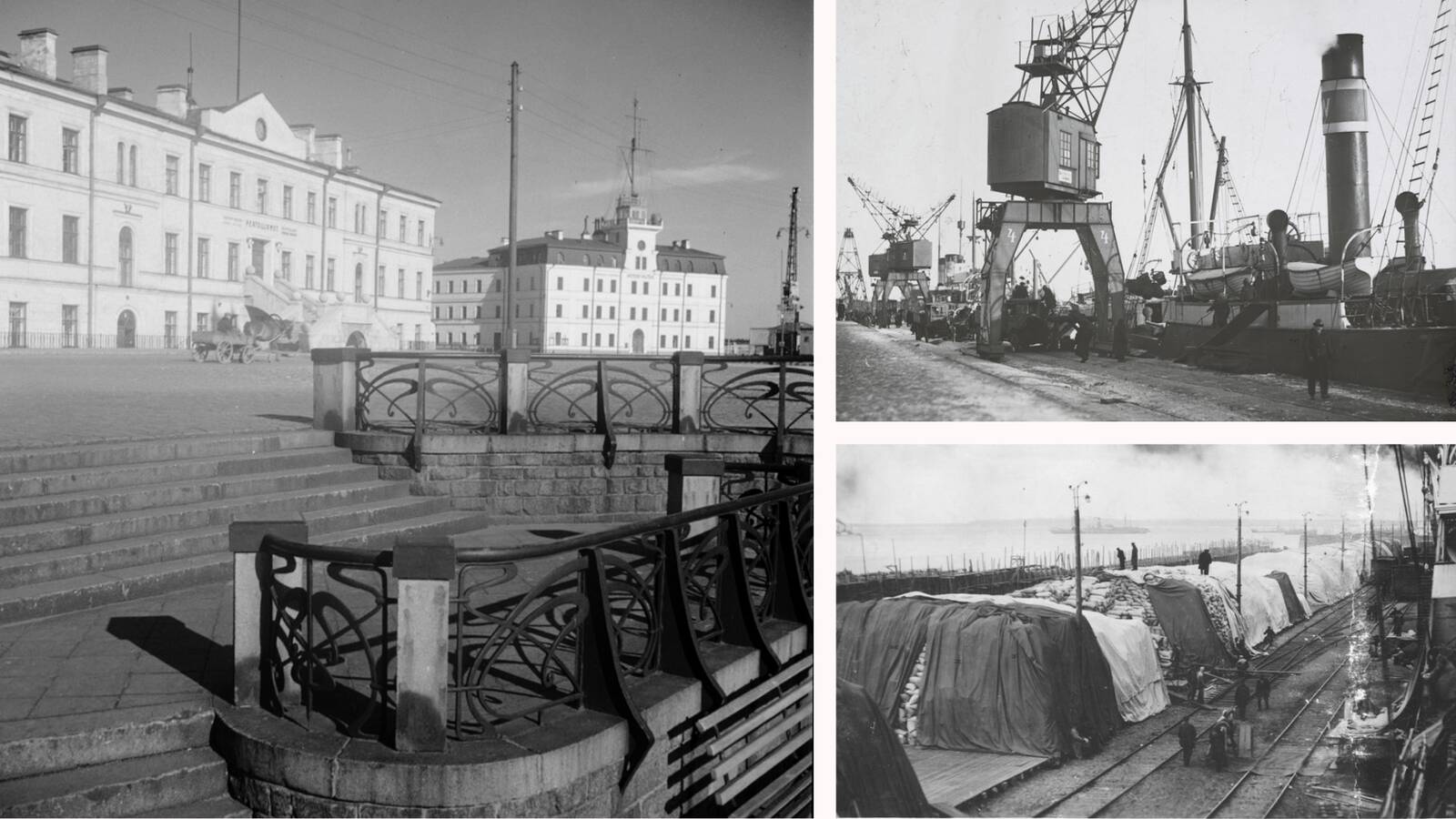 Таллиннский порт, вид с причала на здание таможни и здание Морской администрации. Погрузочные работы и грузы в Таллиннском порту. 1930-е годы