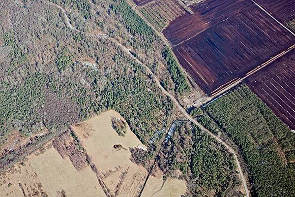 Muinasajal oli Keava linnuse neemik ümbritsetud sooga. Praegu on osa sellest kuivendatud heinamaaks (vasakul) ning osa on kasutusel turbakaevandusena. © Maa-amet