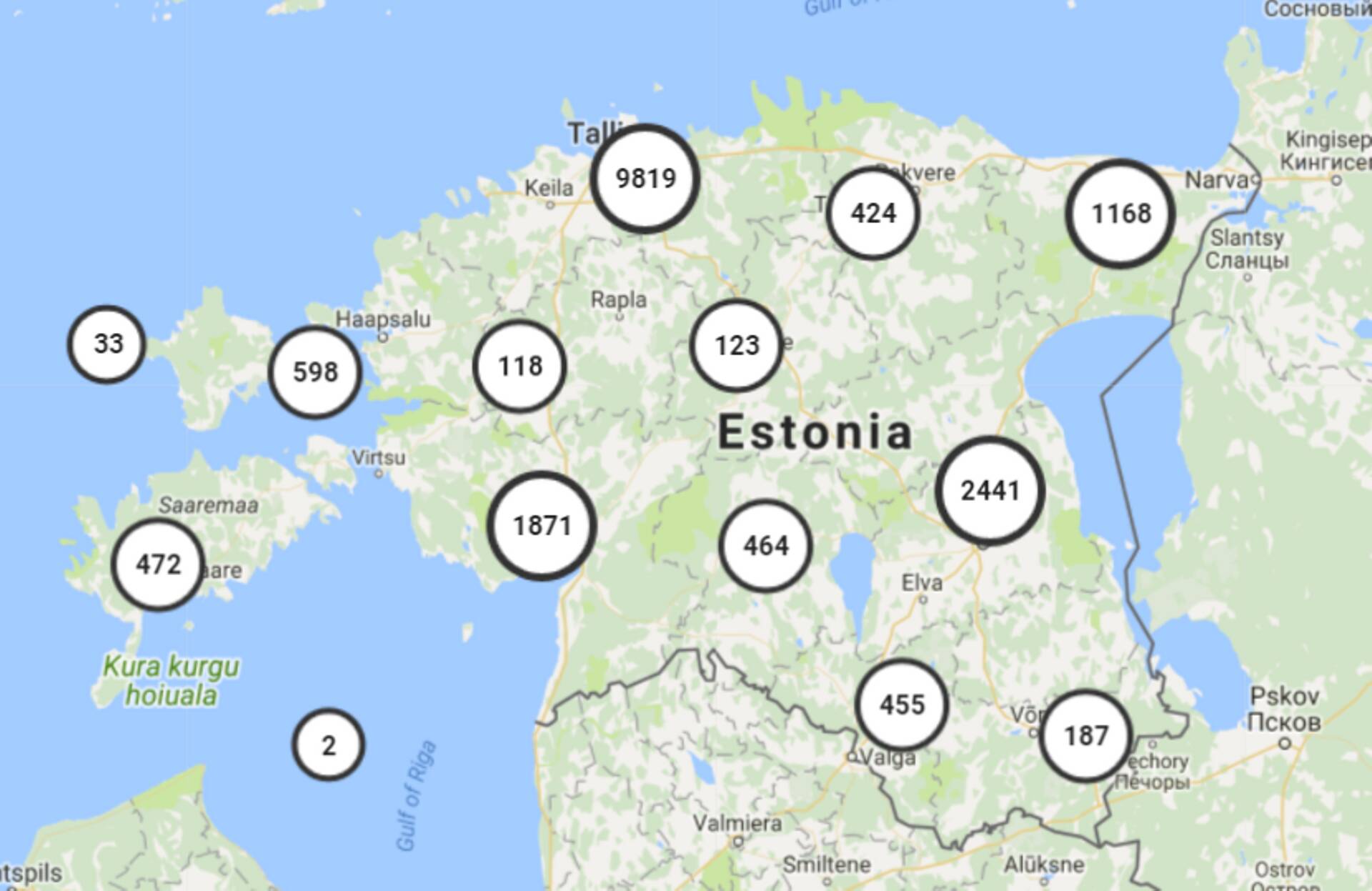 Vaade kinnisvaraportaali kodutunne.ee kaardile, kus sõõride sees on vastava piirkonna kuulutuste arv.