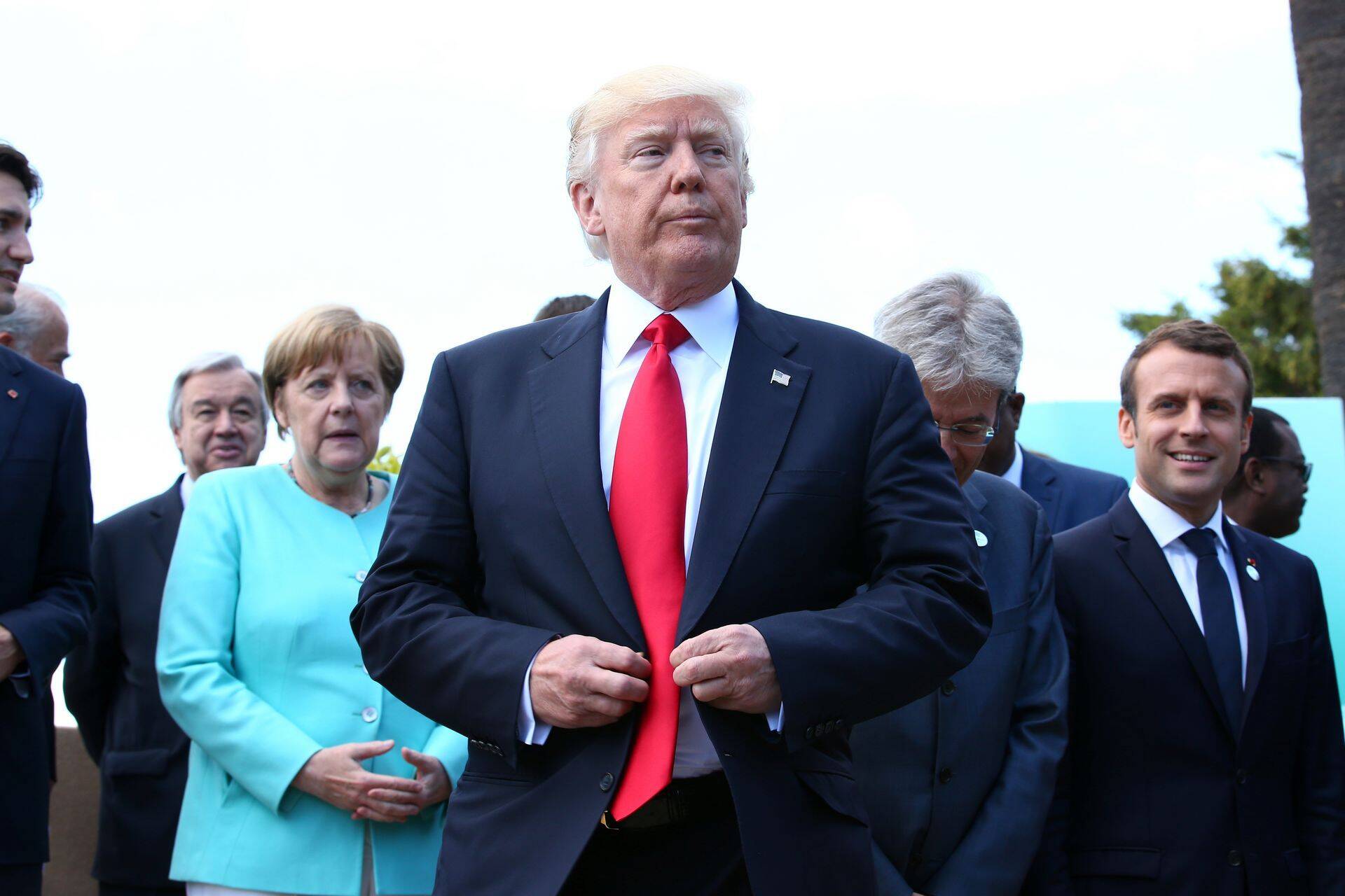 Saksamaa kantsler Angela Merkel, USA president Donald Trump ja Prantsusmaa president Emmanuel Macron G7 kohtumisel