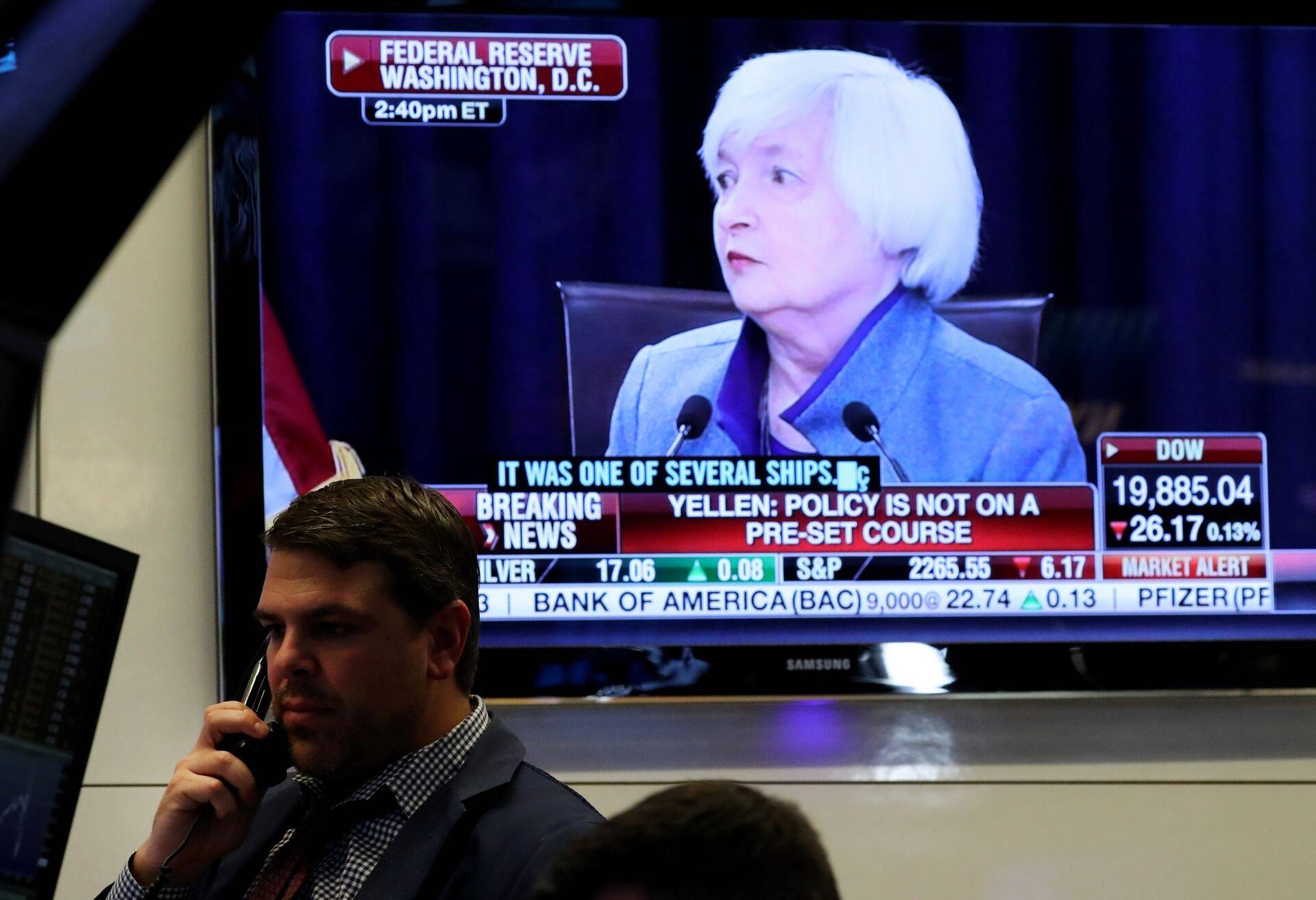 USA föderaalreservi juht Janet Yellen New Yorgi börsi teleriekraanil.