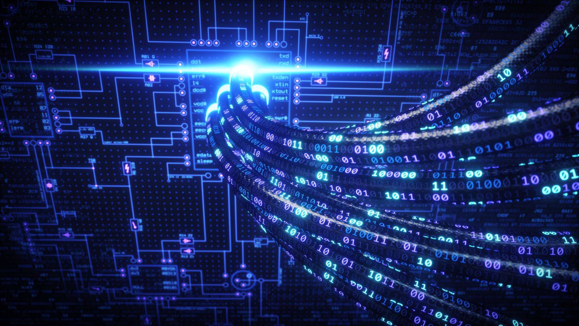 A digital background consisting of an electronics blueprint with data cables connected to it.