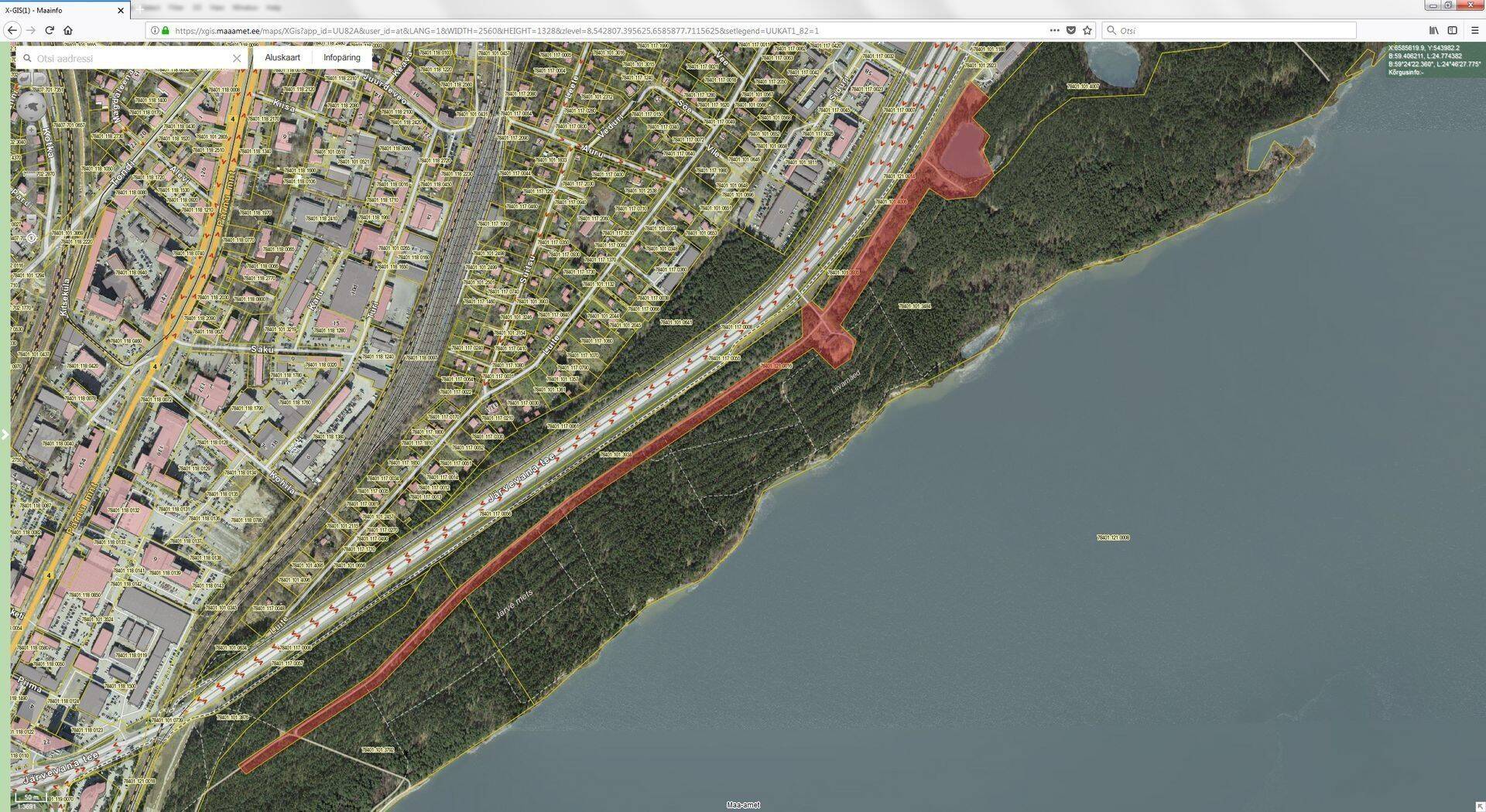 Punasega on märgitud Järvevana 7a kinnistu