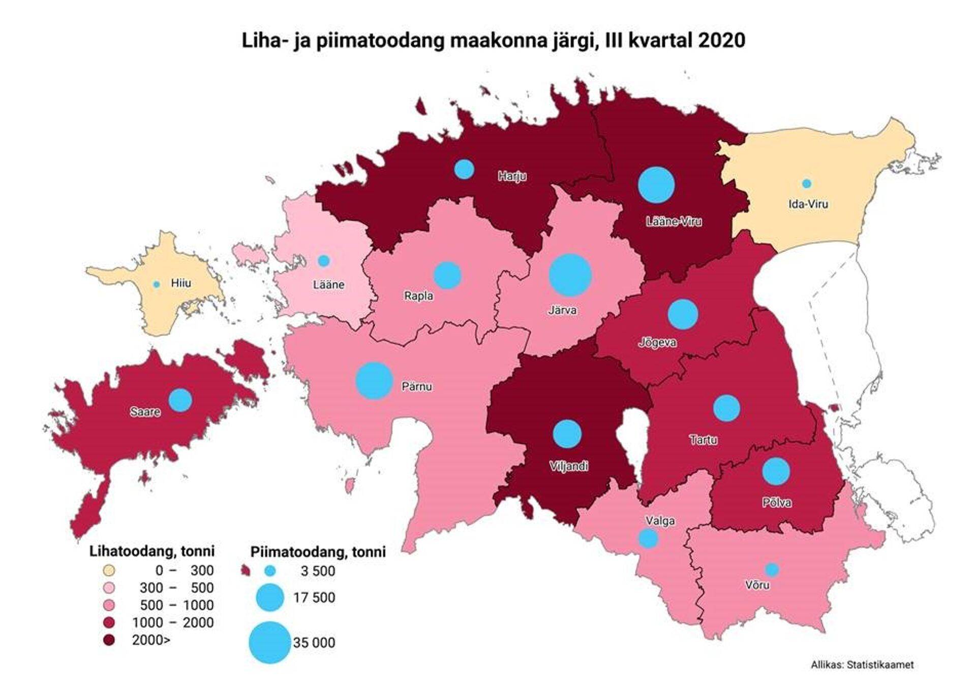 Liha- ja piimatoodang maakonniti.