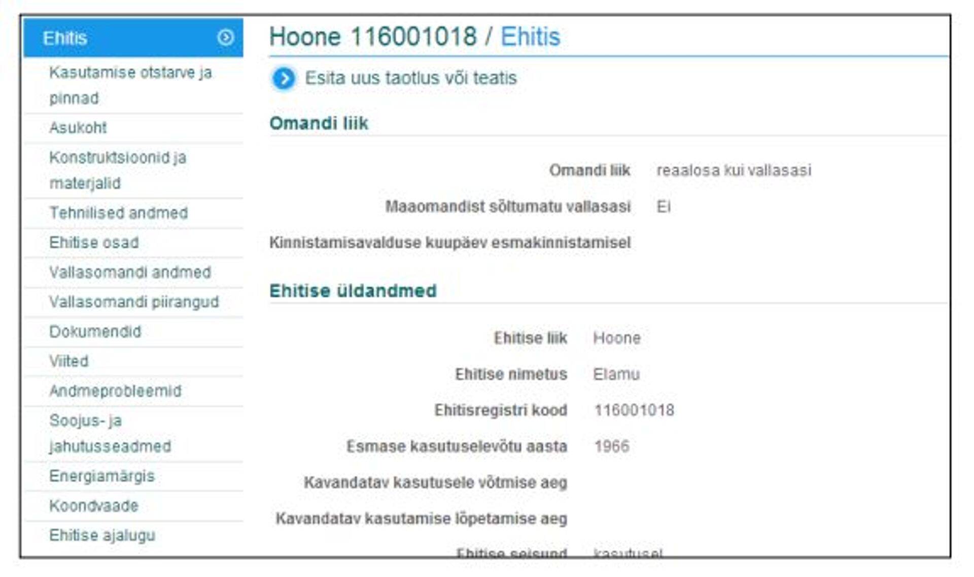 Vaade Dateli loodud ehitisregistrile.