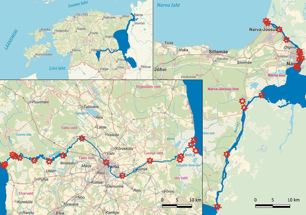 Joonis 1. Uuringuala ja telemeetriliste saatjate signaalide automaatsete vastuvõtjate asukohad (punased heptagonid) Emajõel ning Narva jõel.