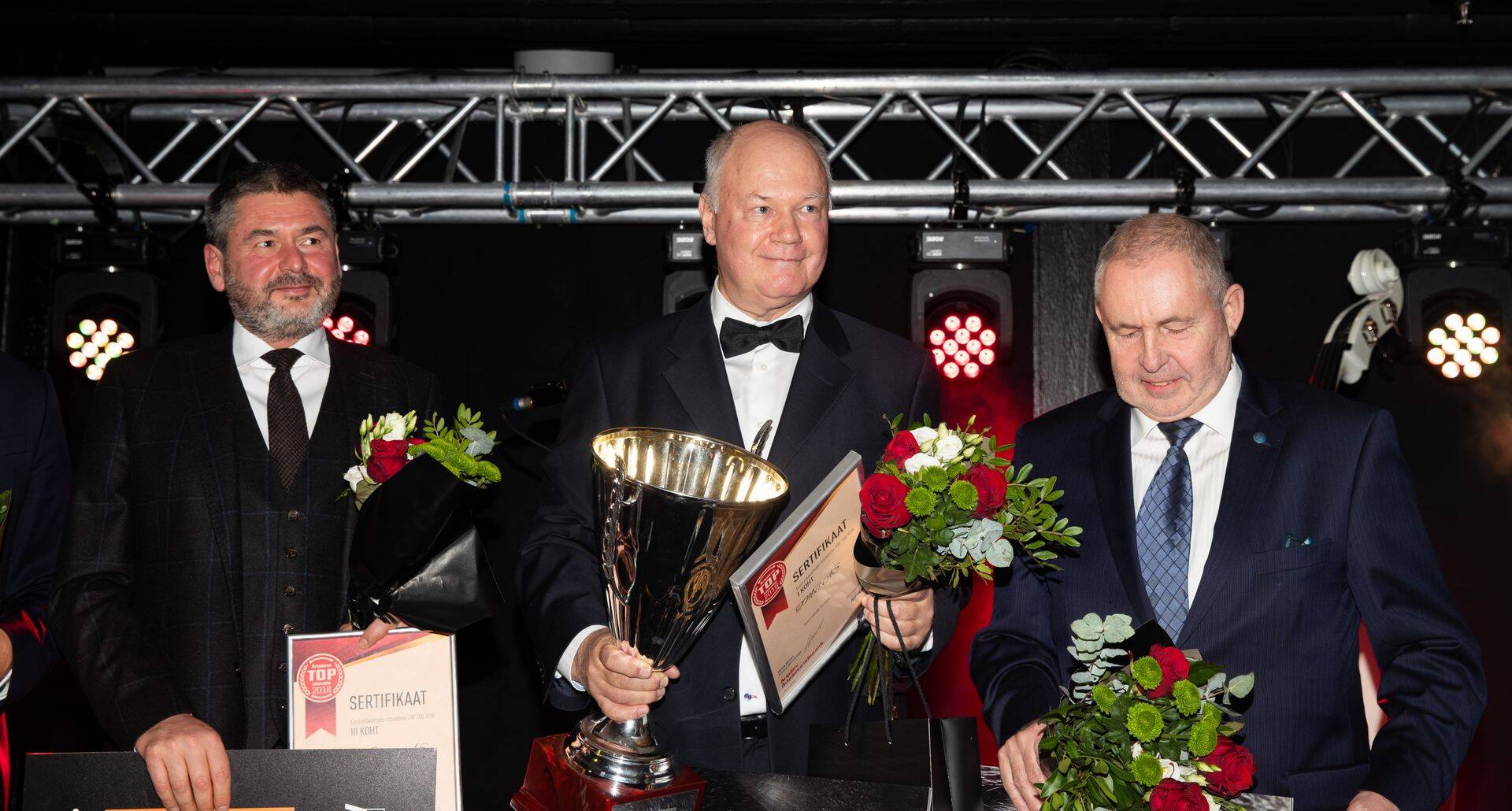 TOP 100 esikolmik Skinest Grupp ASi juht Oleg Ossinovski, TMB ASi juht Jaan Luts ja teise koha pälvinud Harju Elekter ASi juht Andres Allikmäe.