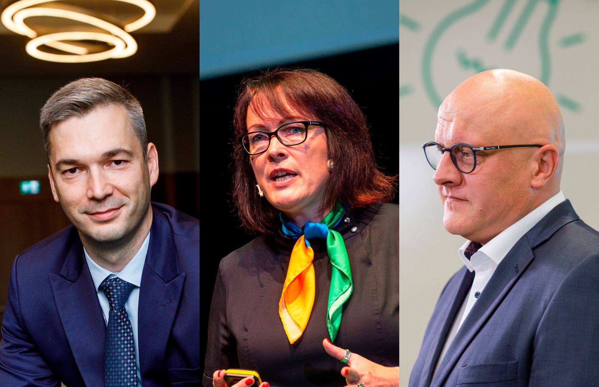 Konkursi "Parim juht 2022" tänavused finalistid on LHV grupi juht Madis Toomsalu (vasakult), Häirekeskuse juht Kätlin Alvela ja Enefit Green juht Aavo Kärmas. Kes selle tiitli sel aastal pälvib, selgub Pärnu juhtimiskonverentsil 20. mail.